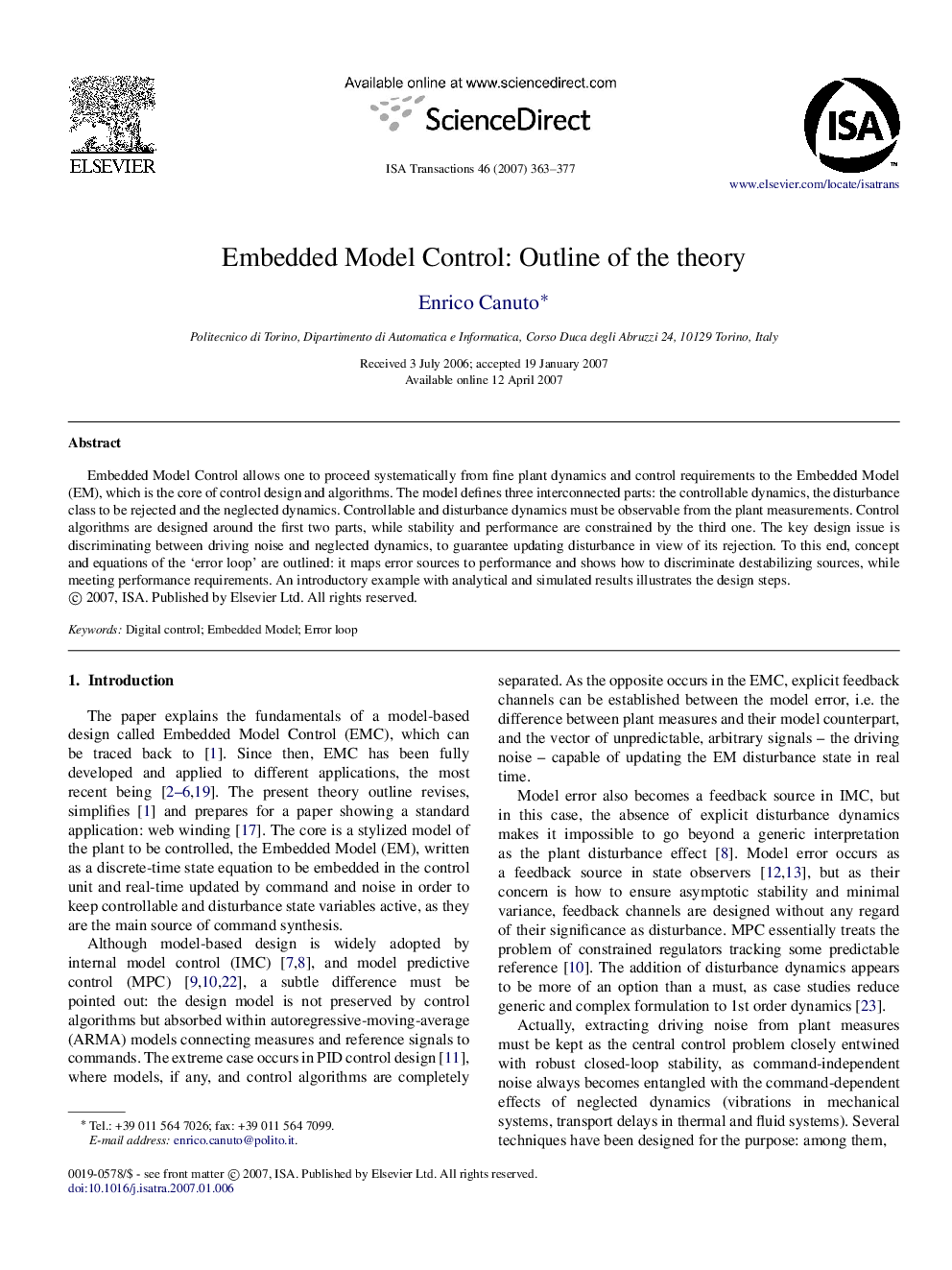 Embedded Model Control: Outline of the theory