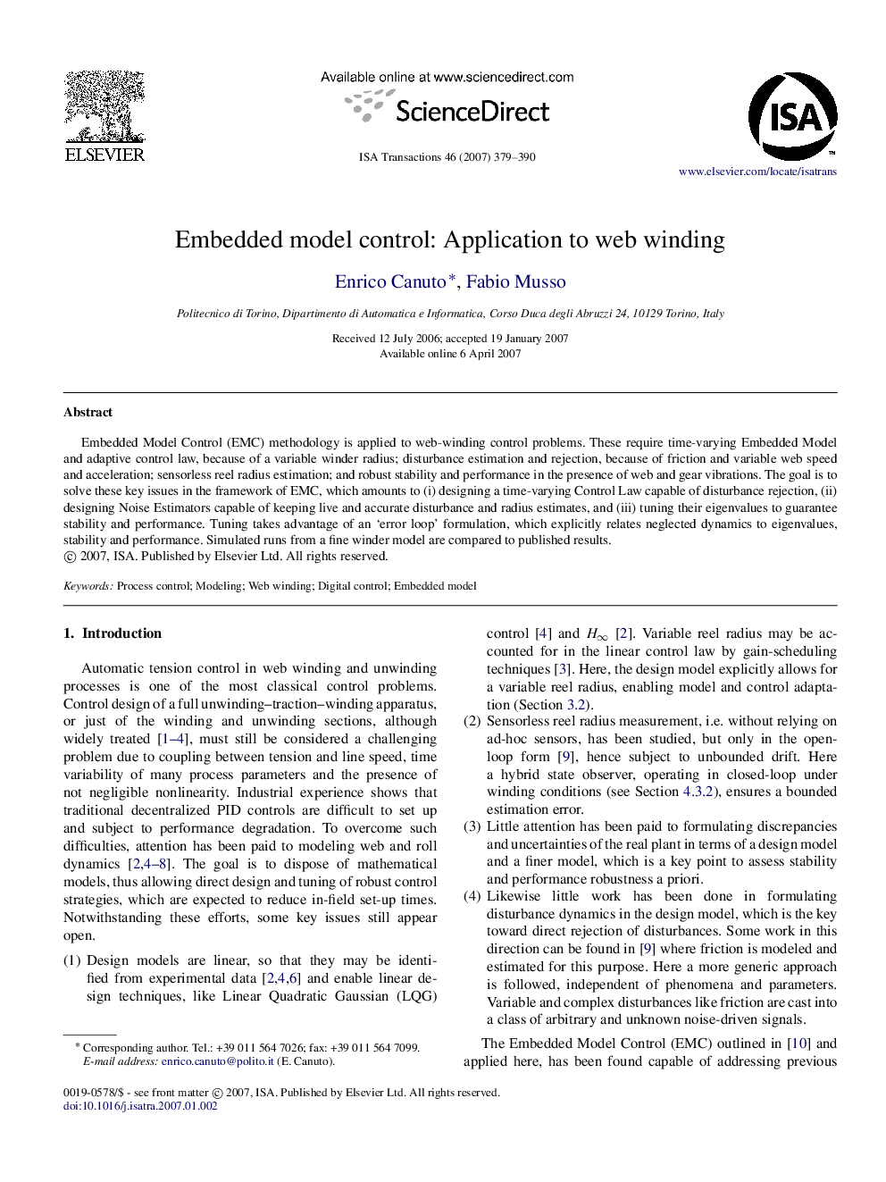 Embedded model control: Application to web winding