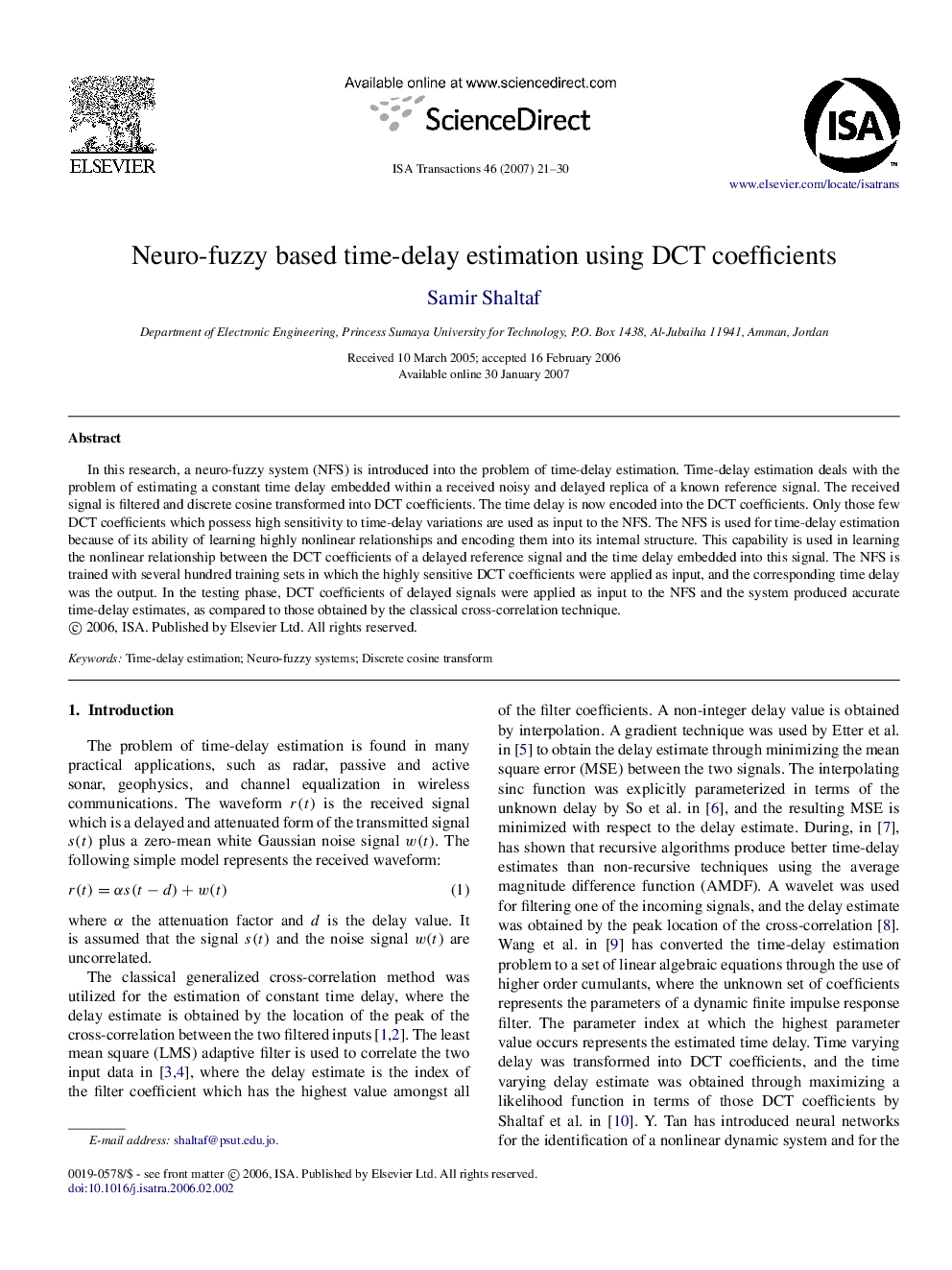 Neuro-fuzzy based time-delay estimation using DCT coefficients