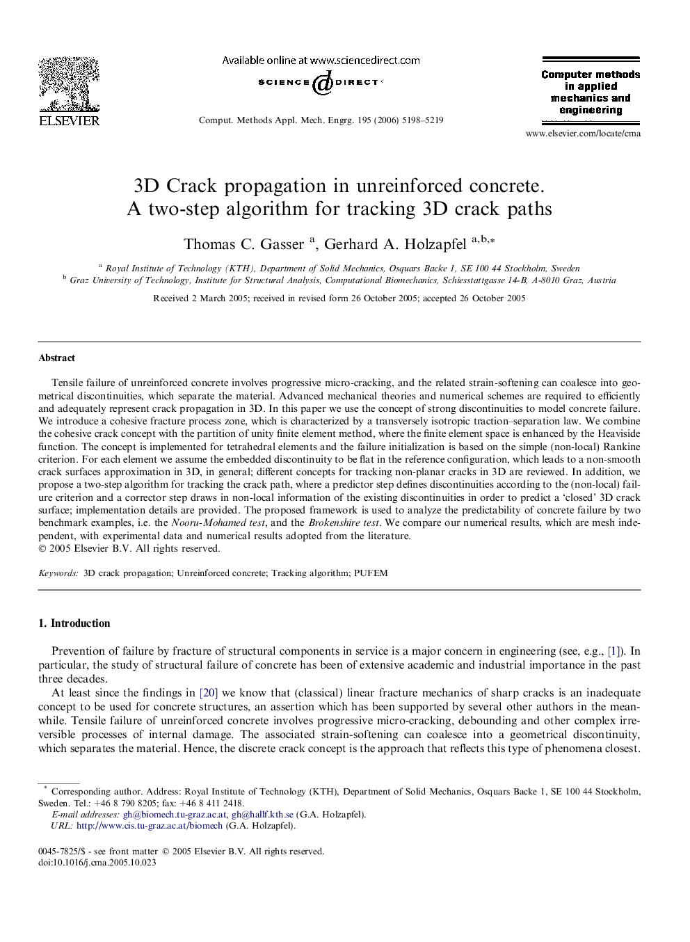 3D Crack propagation in unreinforced concrete.: A two-step algorithm for tracking 3D crack paths