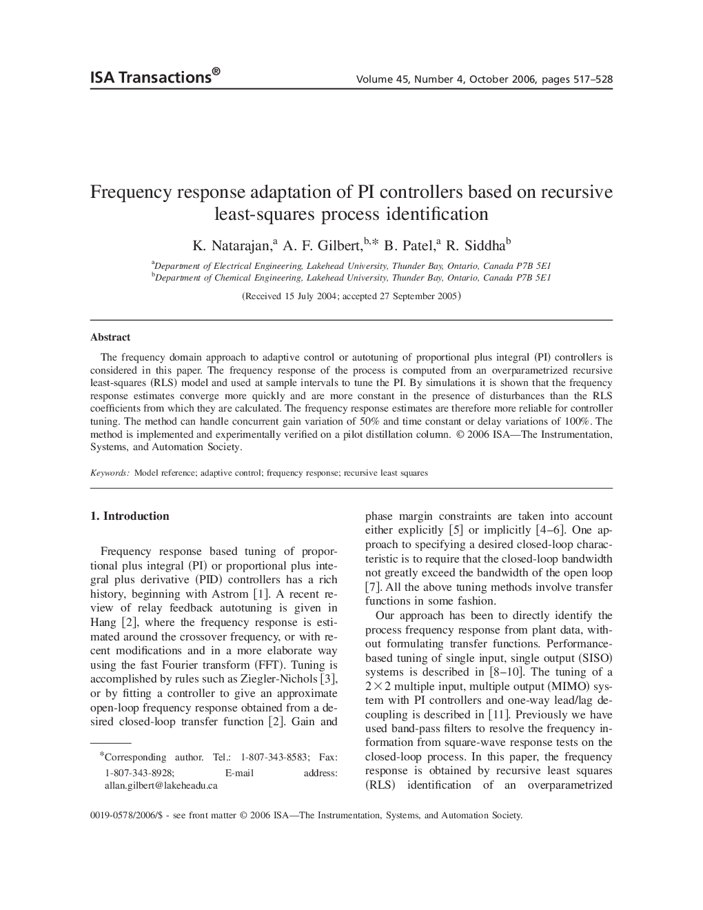 Frequency response adaptation of PI controllers based on recursive least-squares process identification