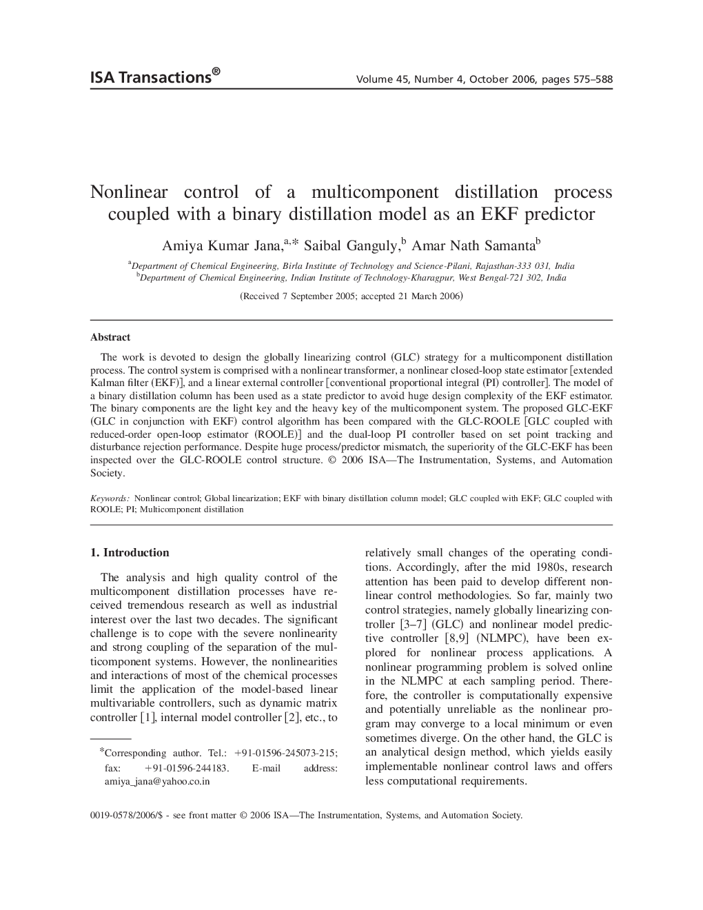 Nonlinear control of a multicomponent distillation process coupled with a binary distillation model as an EKF predictor