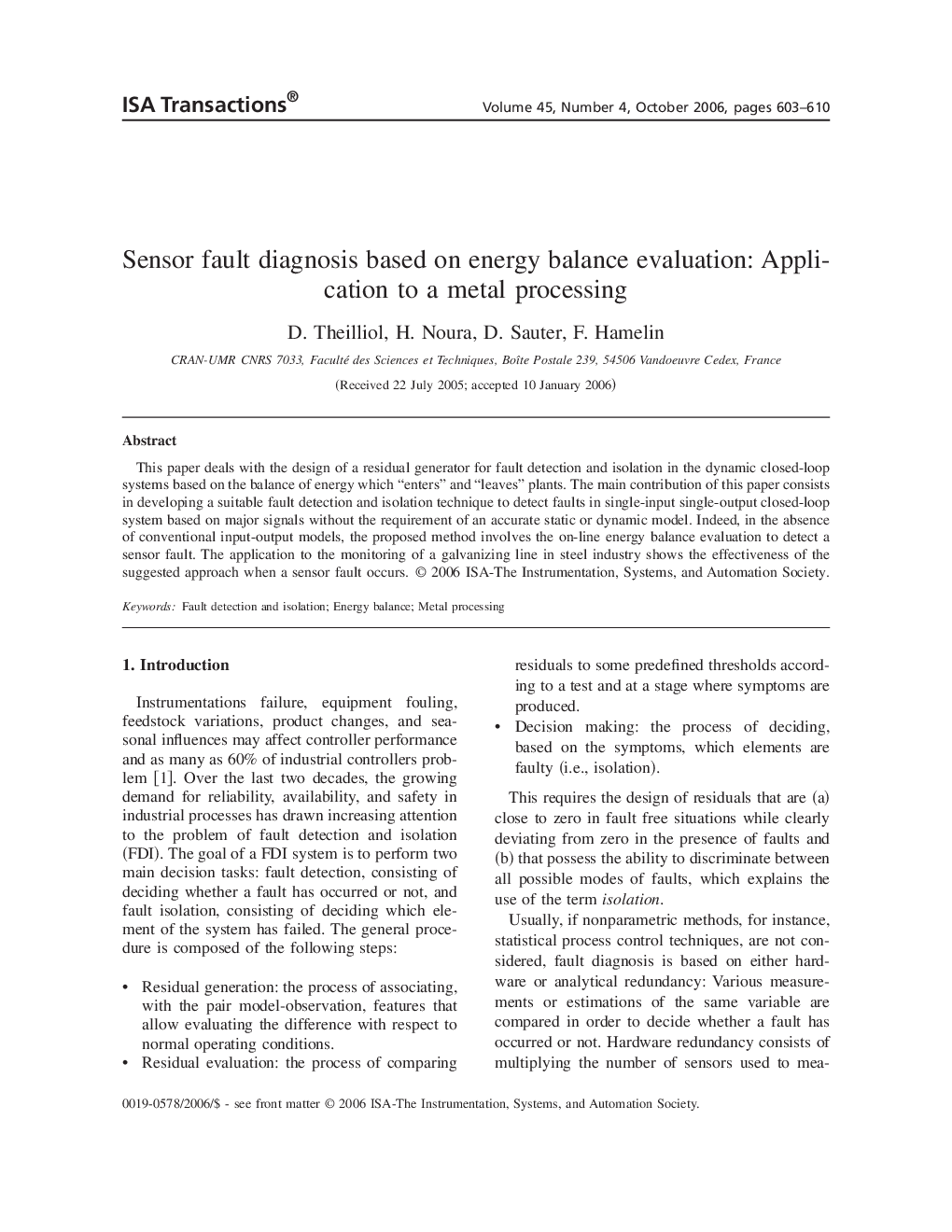 Sensor fault diagnosis based on energy balance evaluation: Application to a metal processing