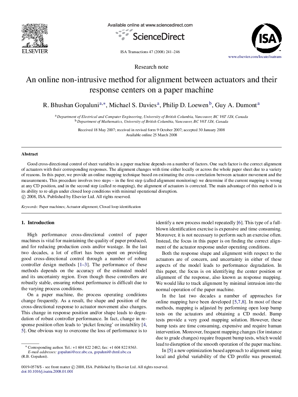 An online non-intrusive method for alignment between actuators and their response centers on a paper machine