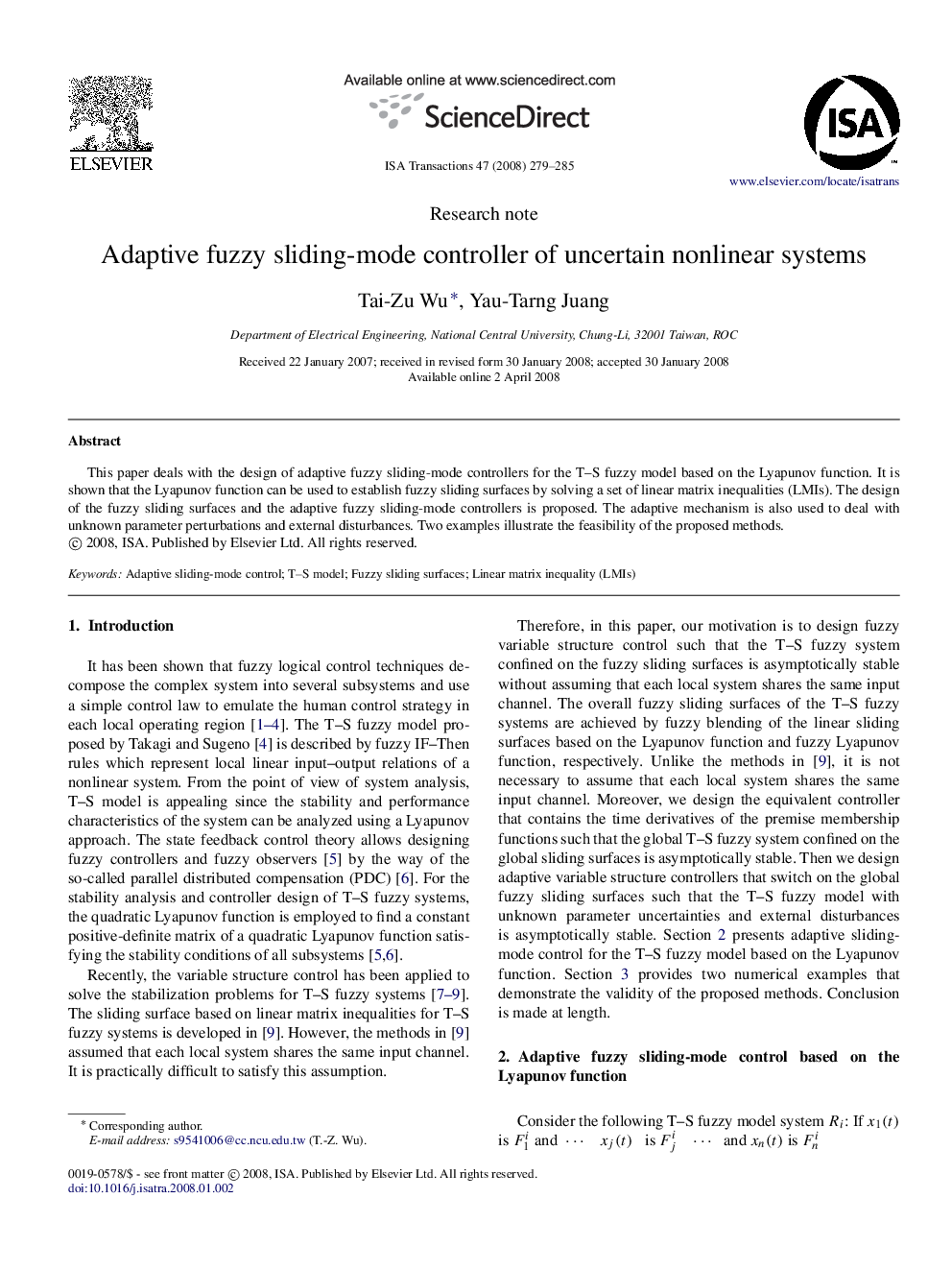 Research noteAdaptive fuzzy sliding-mode controller of uncertain nonlinear systems