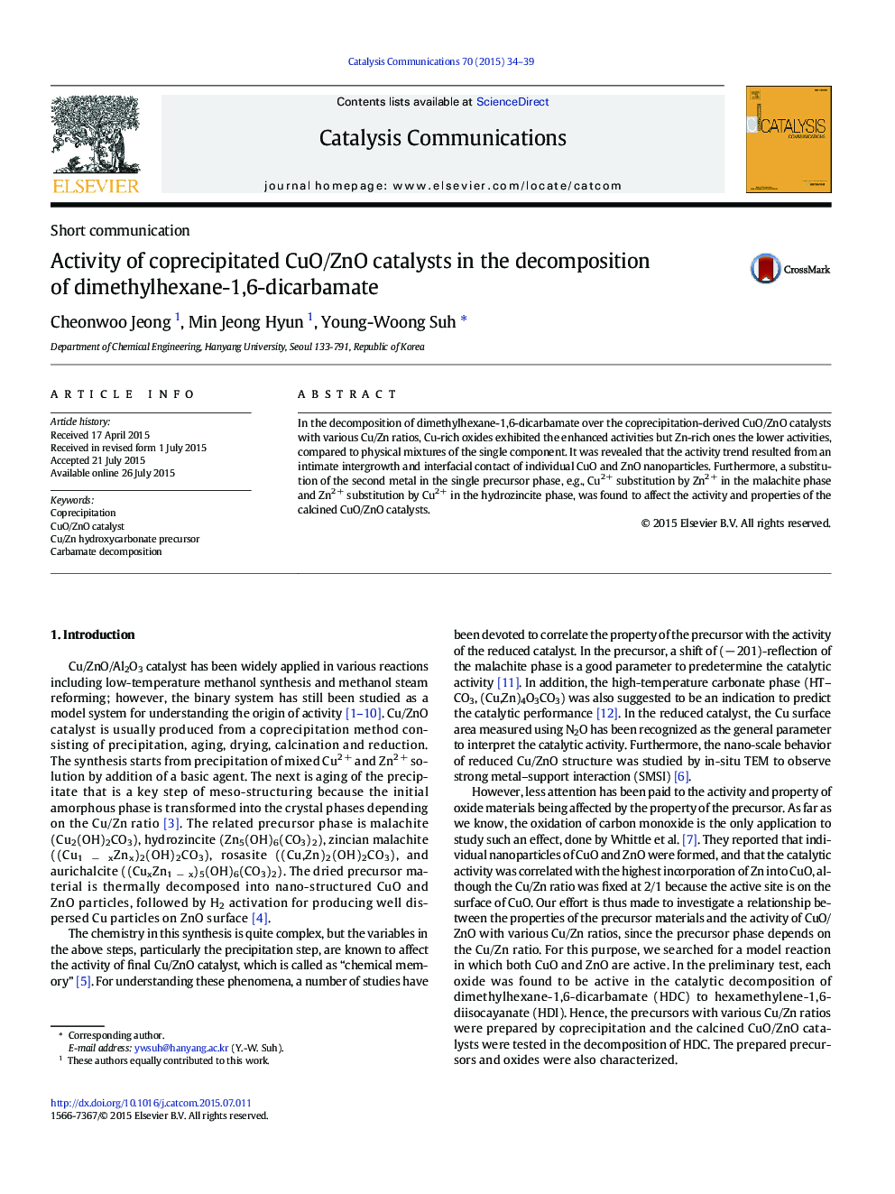 Activity of coprecipitated CuO/ZnO catalysts in the decomposition of dimethylhexane-1,6-dicarbamate
