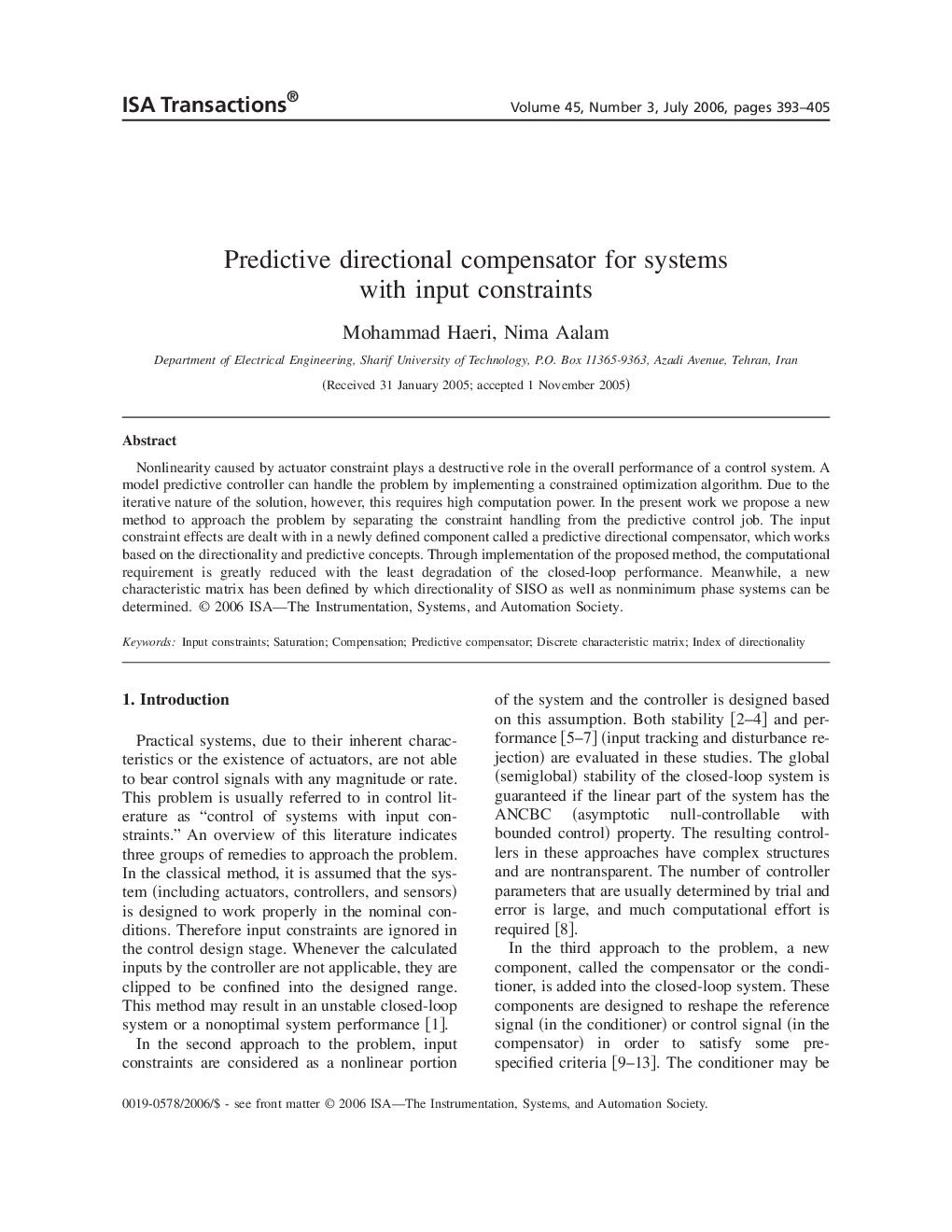 Predictive directional compensator for systems with input constraints