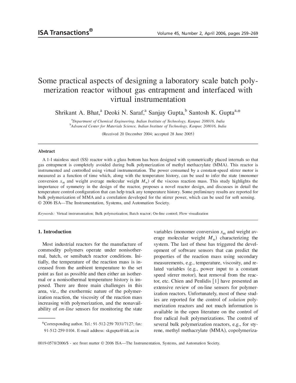 Some practical aspects of designing a laboratory scale batch polymerization reactor without gas entrapment and interfaced with virtual instrumentation