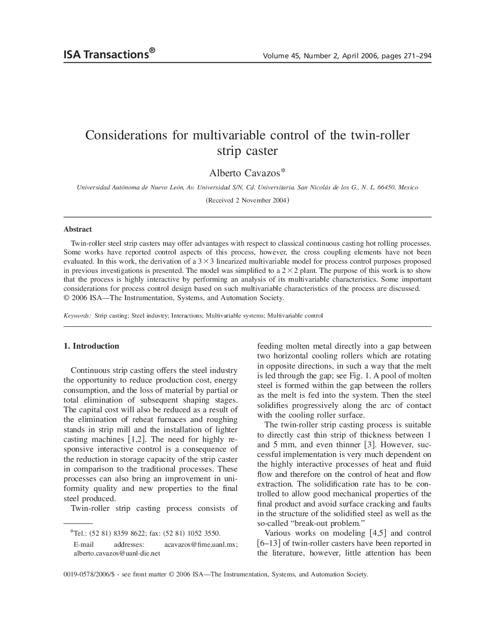 Considerations for multivariable control of the twin-roller strip caster