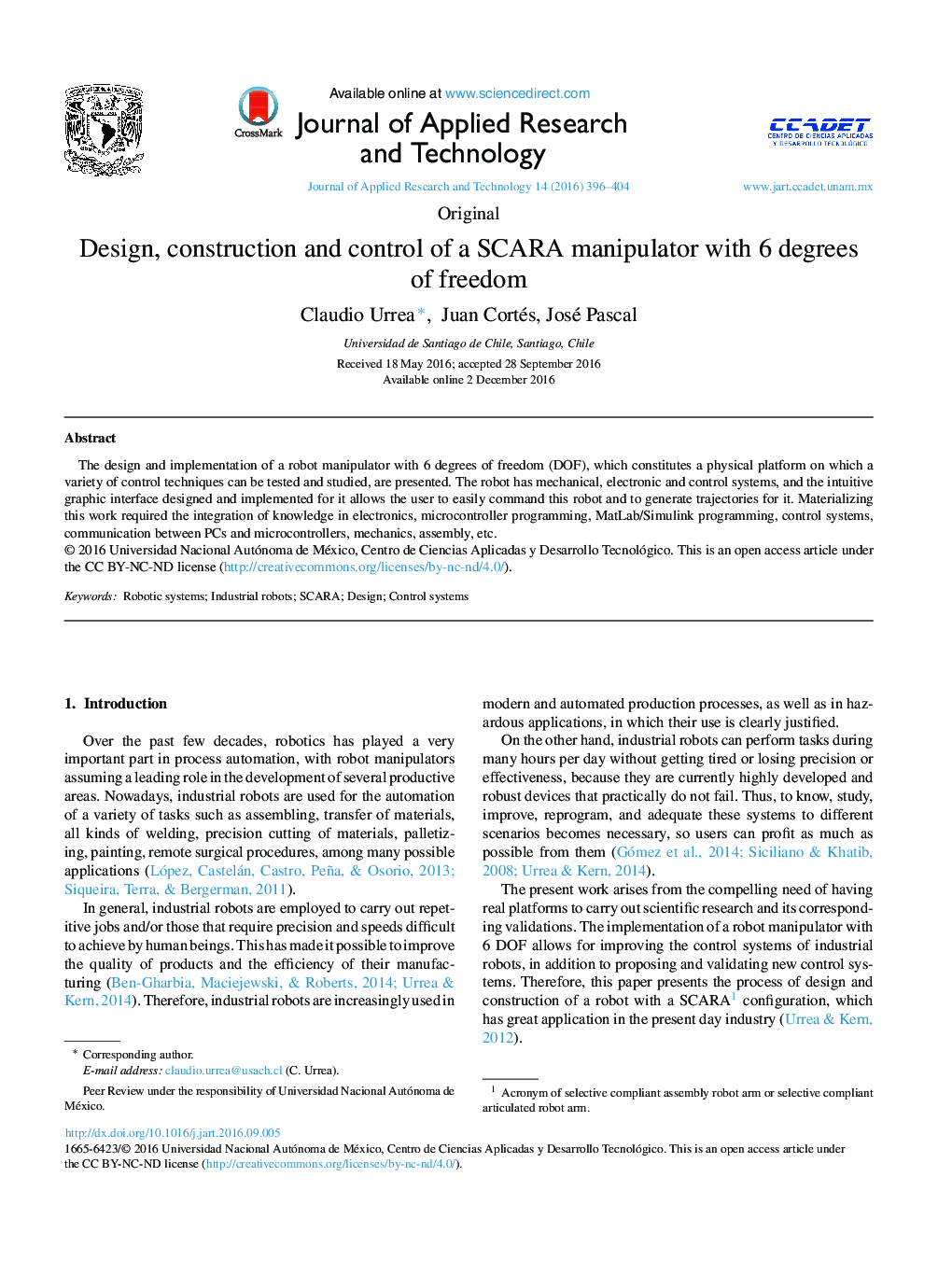 Design, construction and control of a SCARA manipulator with 6 degrees of freedom