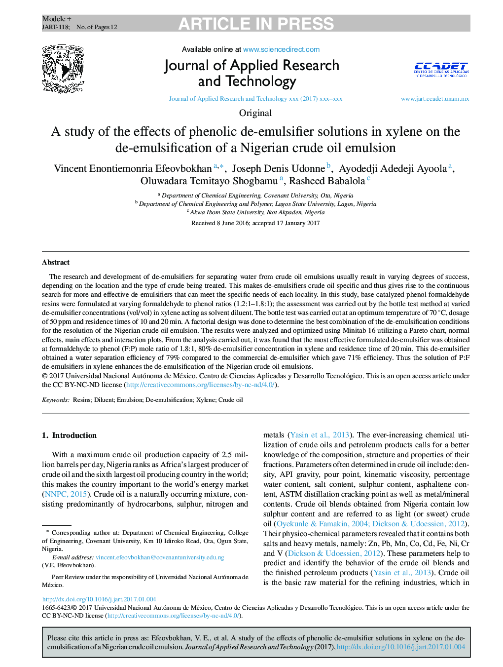 A study of the effects of phenolic de-emulsifier solutions in xylene on the de-emulsification of a Nigerian crude oil emulsion