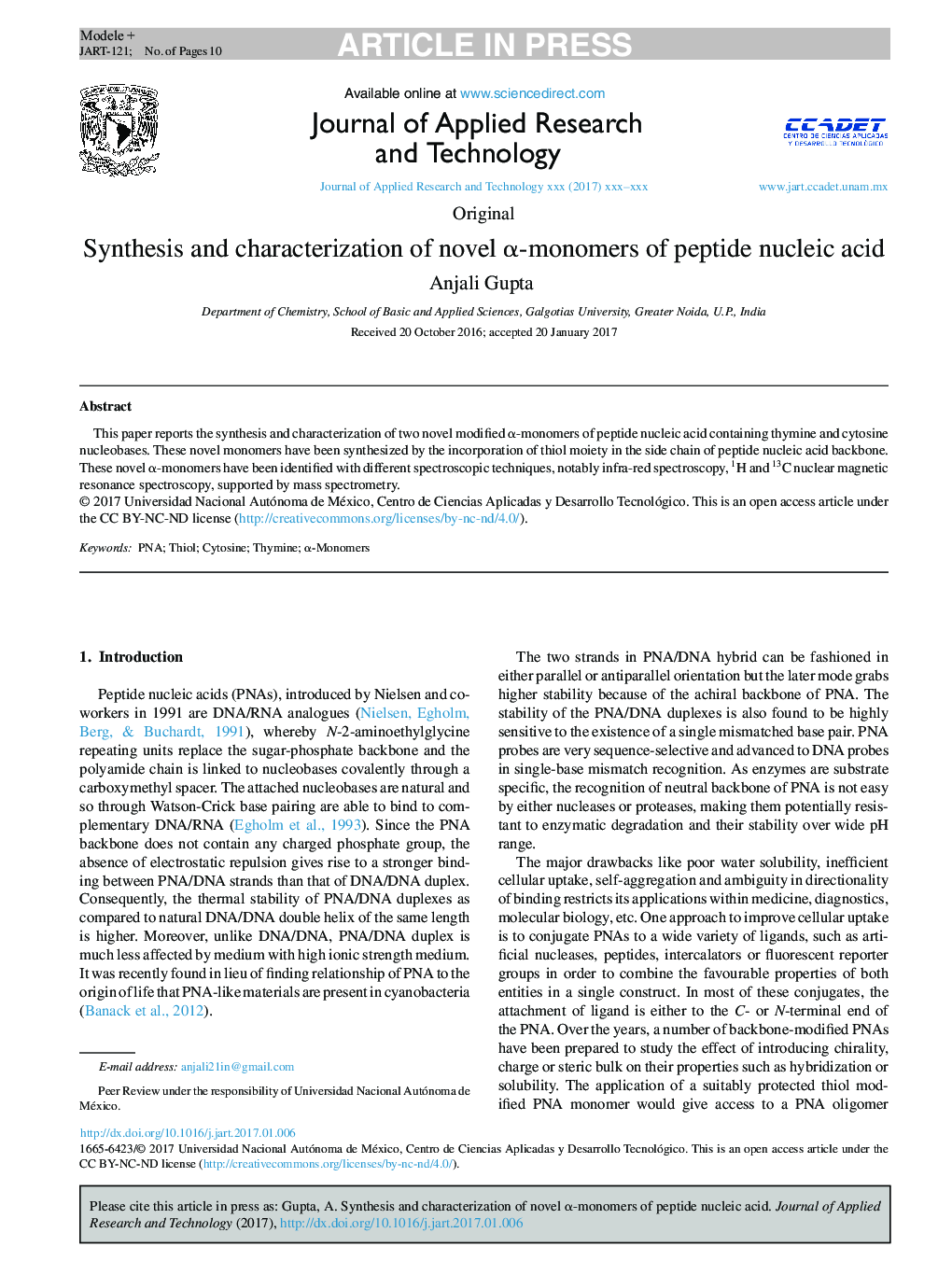 Synthesis and characterization of novel Î±-monomers of peptide nucleic acid