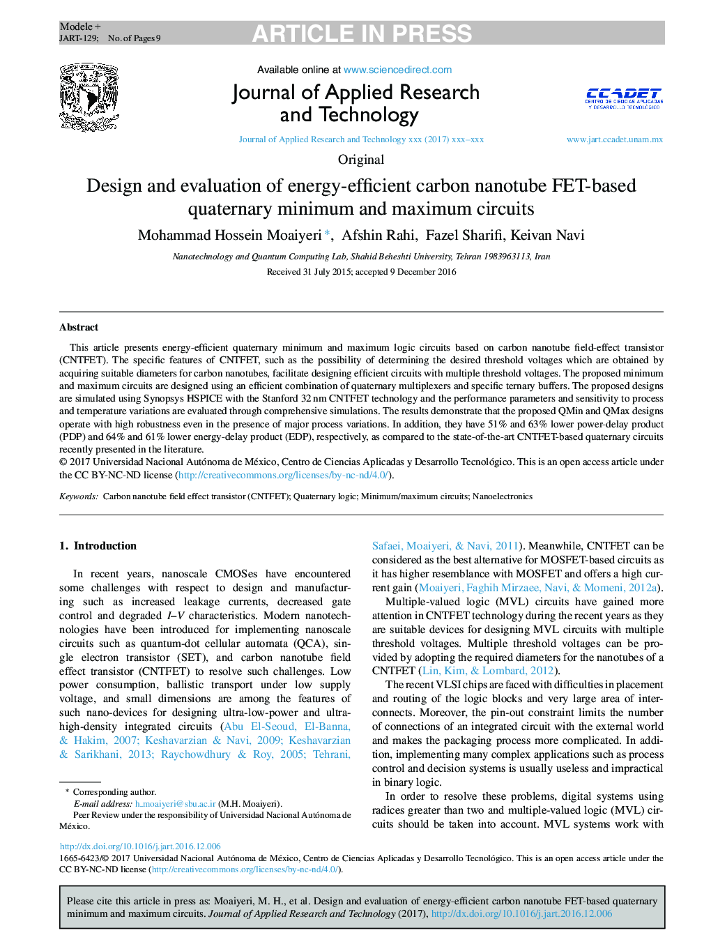 Design and evaluation of energy-efficient carbon nanotube FET-based quaternary minimum and maximum circuits