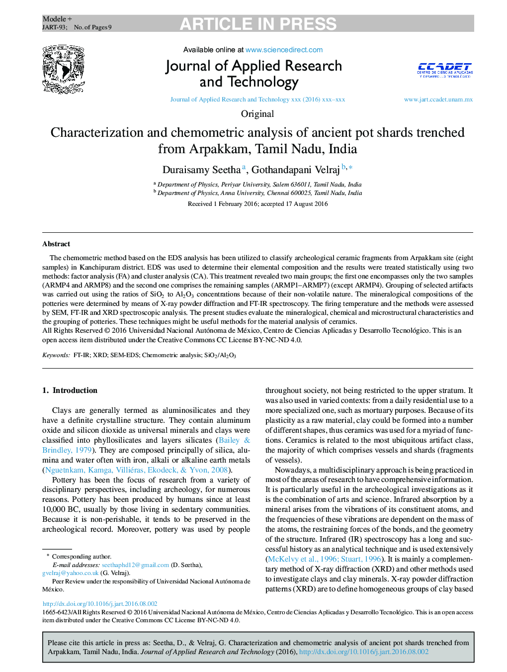 Characterization and chemometric analysis of ancient pot shards trenched from Arpakkam, Tamil Nadu, India