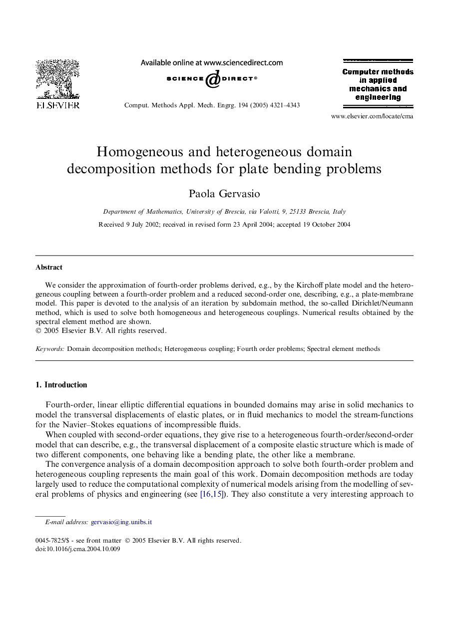 Homogeneous and heterogeneous domain decomposition methods for plate bending problems