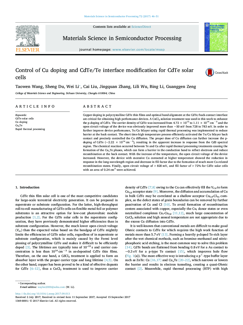 Control of Cu doping and CdTe/Te interface modification for CdTe solar cells