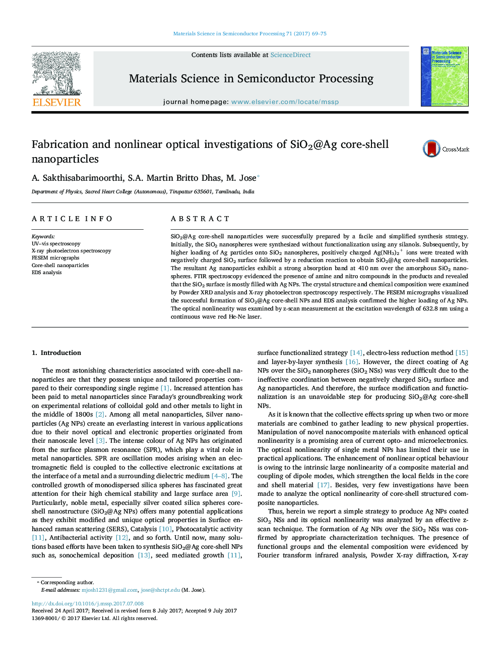 Fabrication and nonlinear optical investigations of SiO2@Ag core-shell nanoparticles