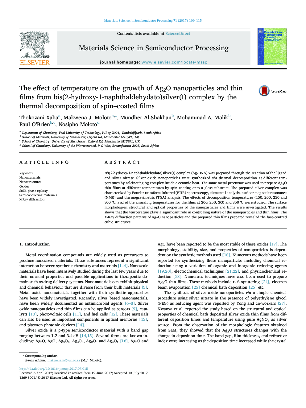 The effect of temperature on the growth of Ag2O nanoparticles and thin films from bis(2-hydroxy-1-naphthaldehydato)silver(I) complex by the thermal decomposition of spin-coated films