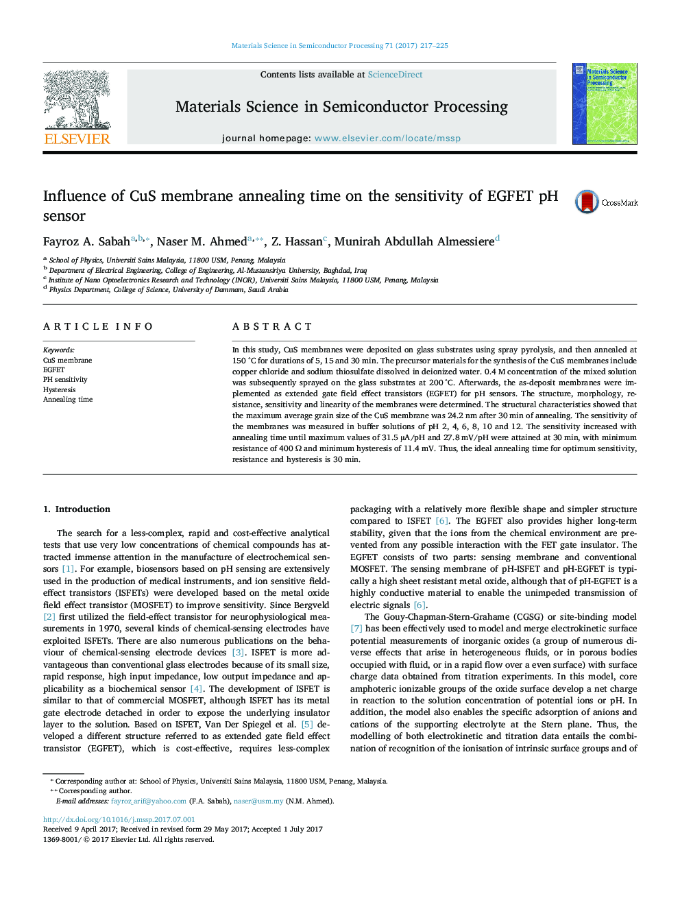 Influence of CuS membrane annealing time on the sensitivity of EGFET pH sensor