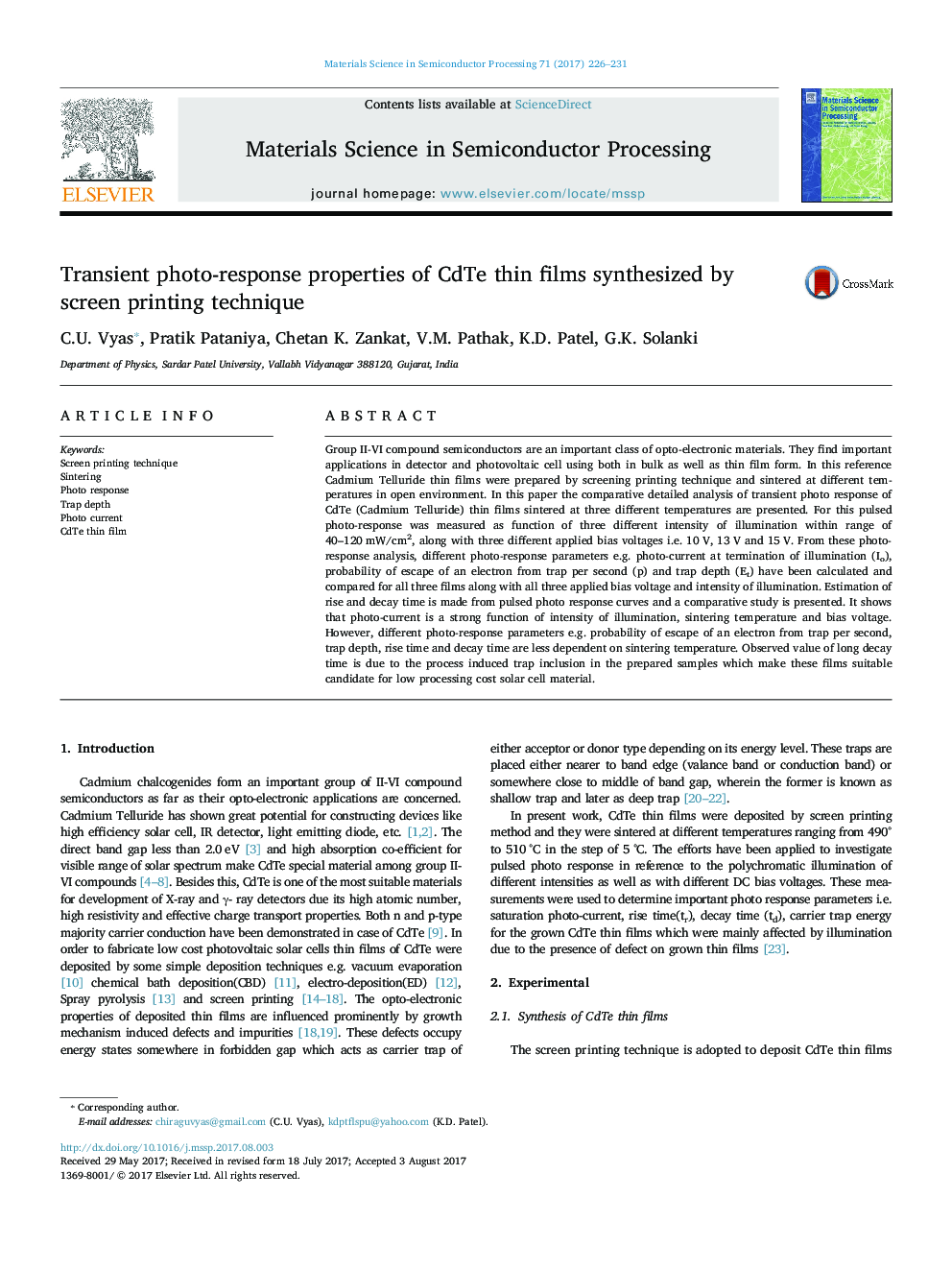 Transient photo-response properties of CdTe thin films synthesized by screen printing technique