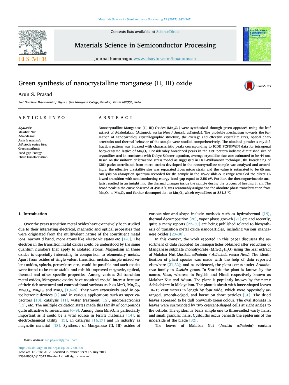 Green synthesis of nanocrystalline manganese (II, III) oxide