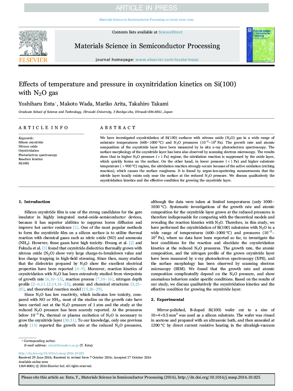 Effects of temperature and pressure in oxynitridation kinetics on Si(100) with N2O gas