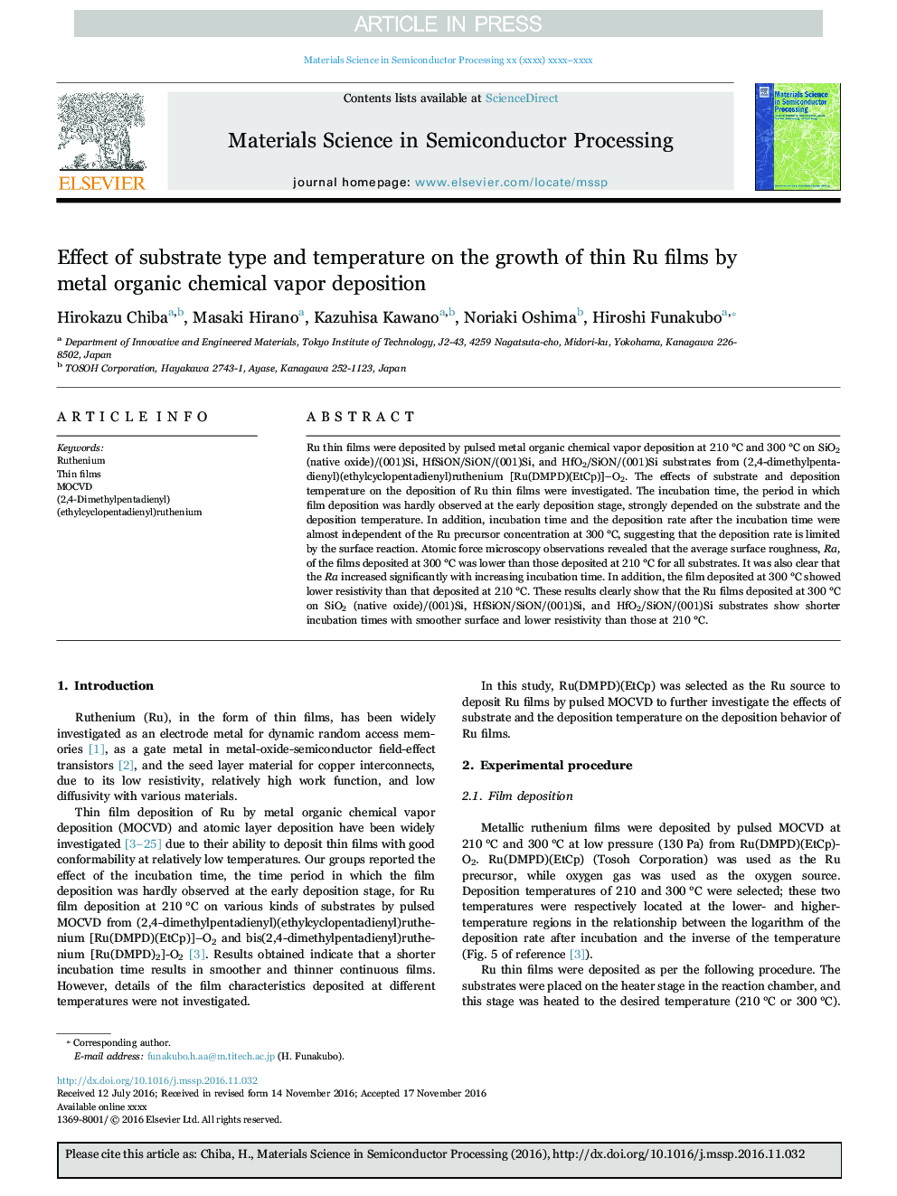 Effect of substrate type and temperature on the growth of thin Ru films by metal organic chemical vapor deposition