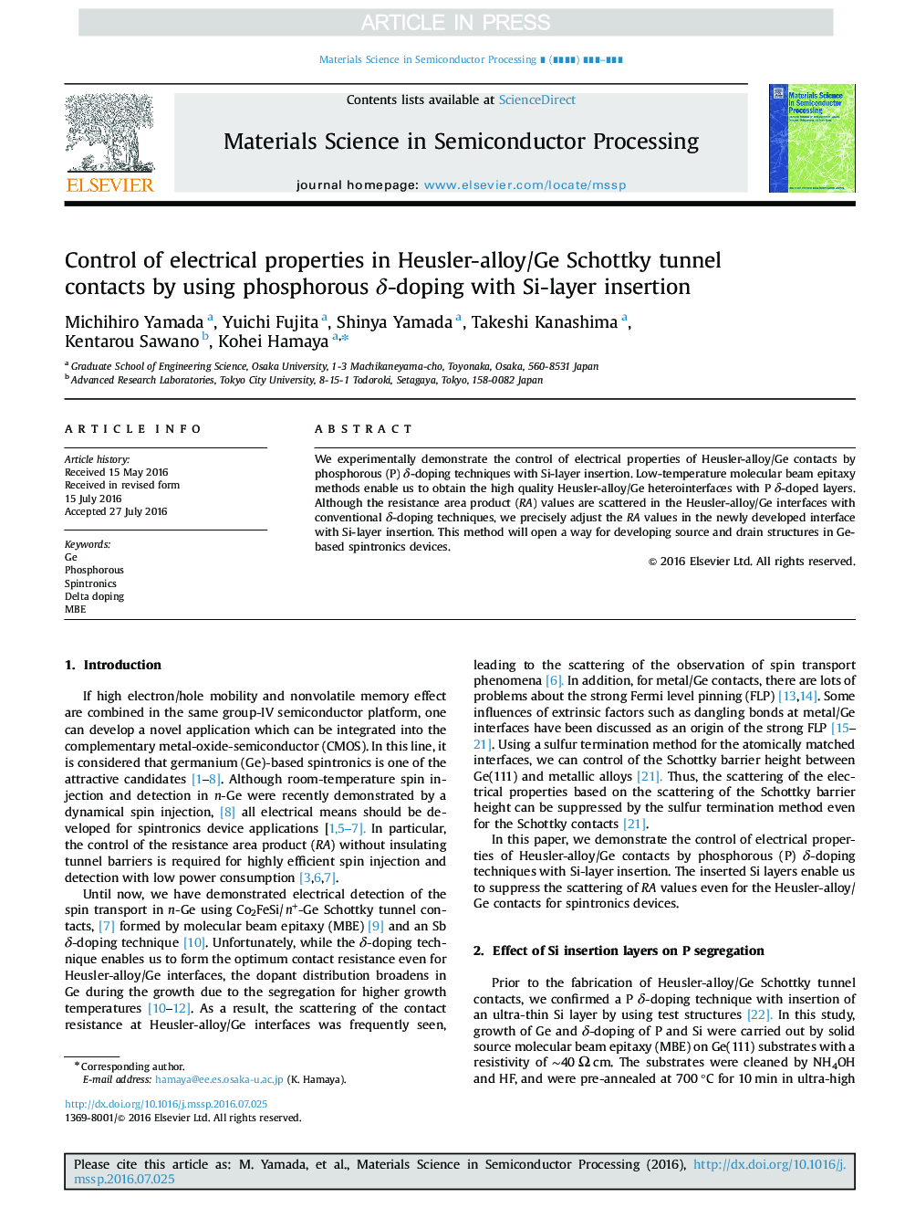 عکس صفحه اول مقاله: Control of electrical properties in Heusler-alloy/Ge Schottky tunnel contacts by using phosphorous δ-doping with Si-layer insertion Control of electrical properties in Heusler-alloy/Ge Schottky tunnel contacts by using phosphorous δ-doping with Si-layer insertion