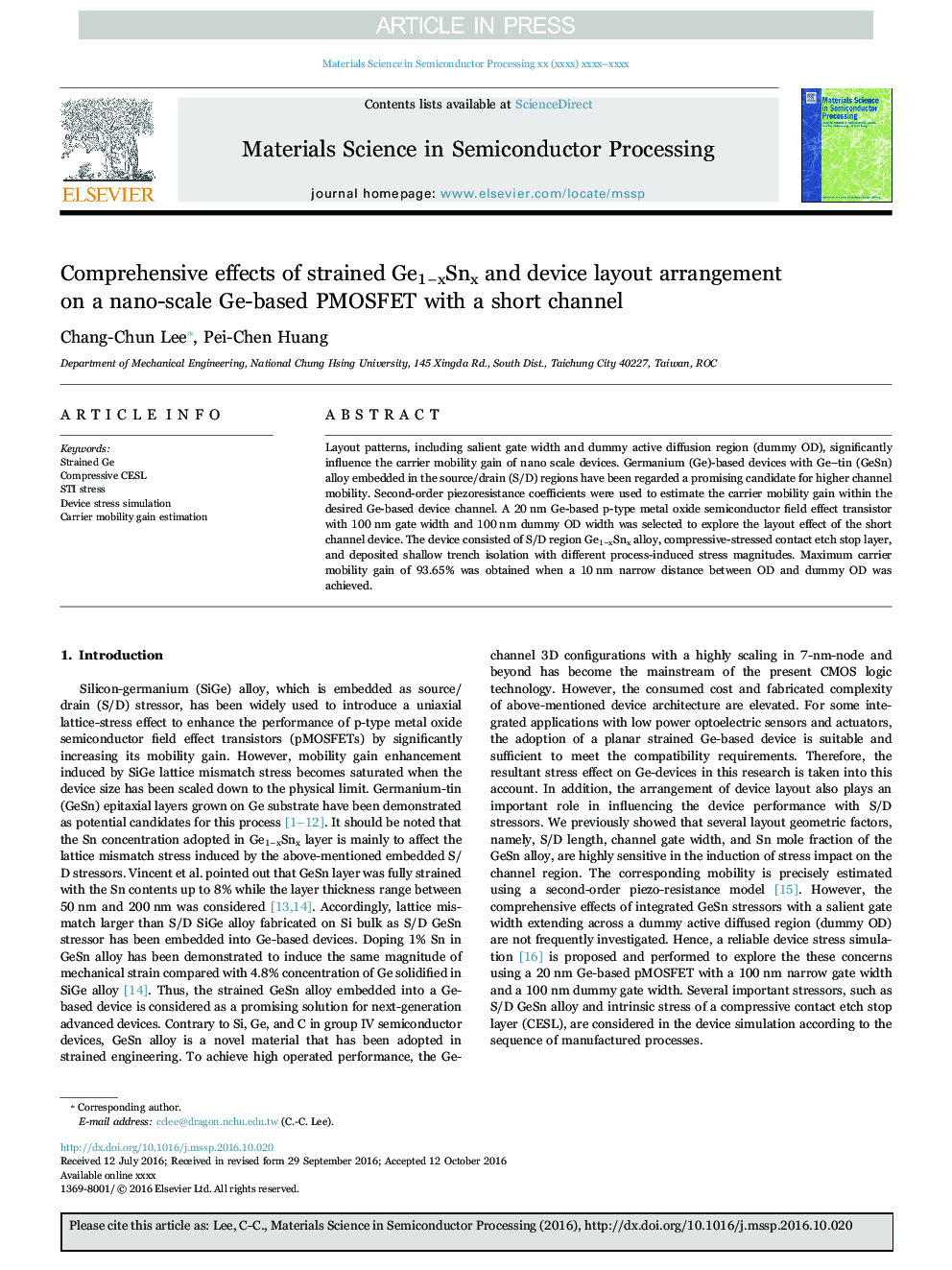 Comprehensive effects of strained Ge1âxSnx and device layout arrangement on a nano-scale Ge-based PMOSFET with a short channel