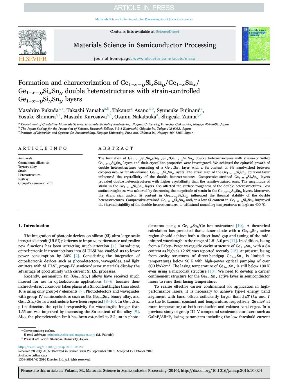 Formation and characterization of Ge1âxâySixSny/Ge1âxSnx/Ge1âxâySixSny double heterostructures with strain-controlled Ge1âxâySixSny layers