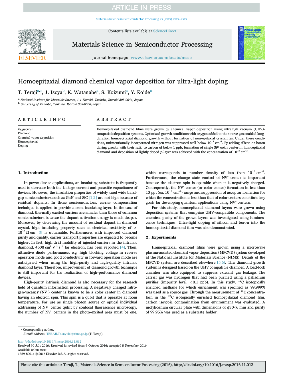 Homoepitaxial diamond chemical vapor deposition for ultra-light doping