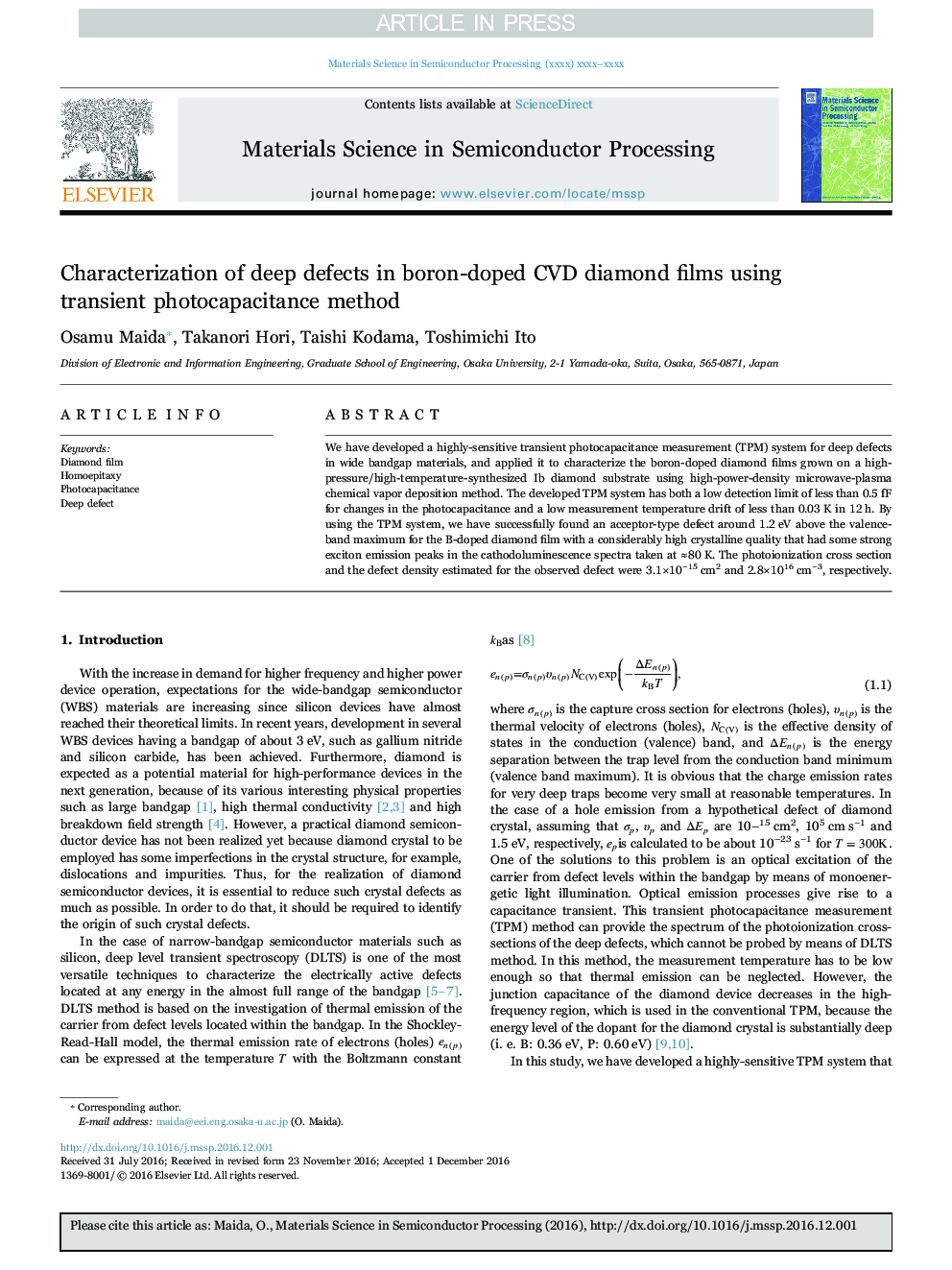 Characterization of deep defects in boron-doped CVD diamond films using transient photocapacitance method