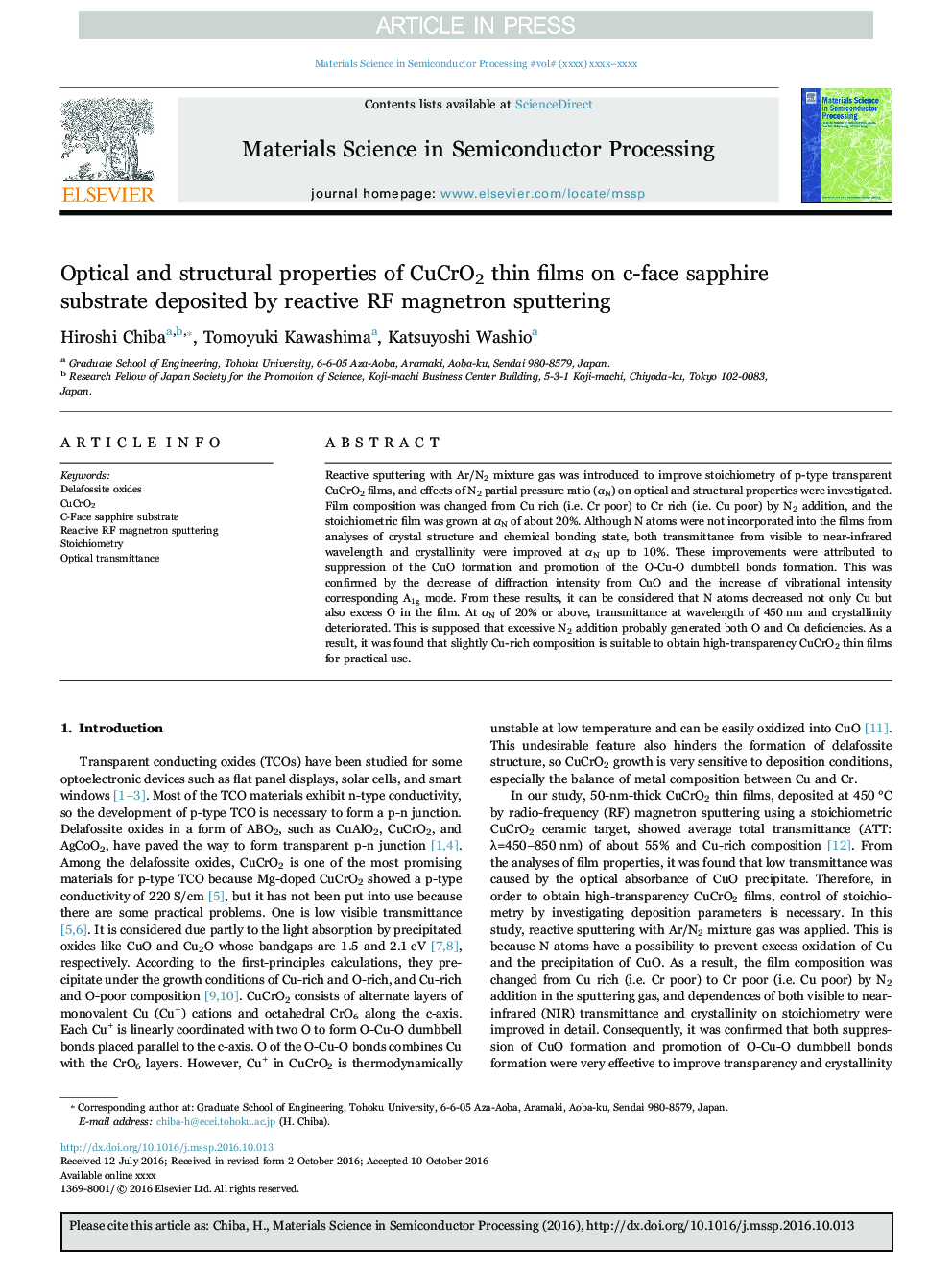 Optical and structural properties of CuCrO2 thin films on c-face sapphire substrate deposited by reactive RF magnetron sputtering