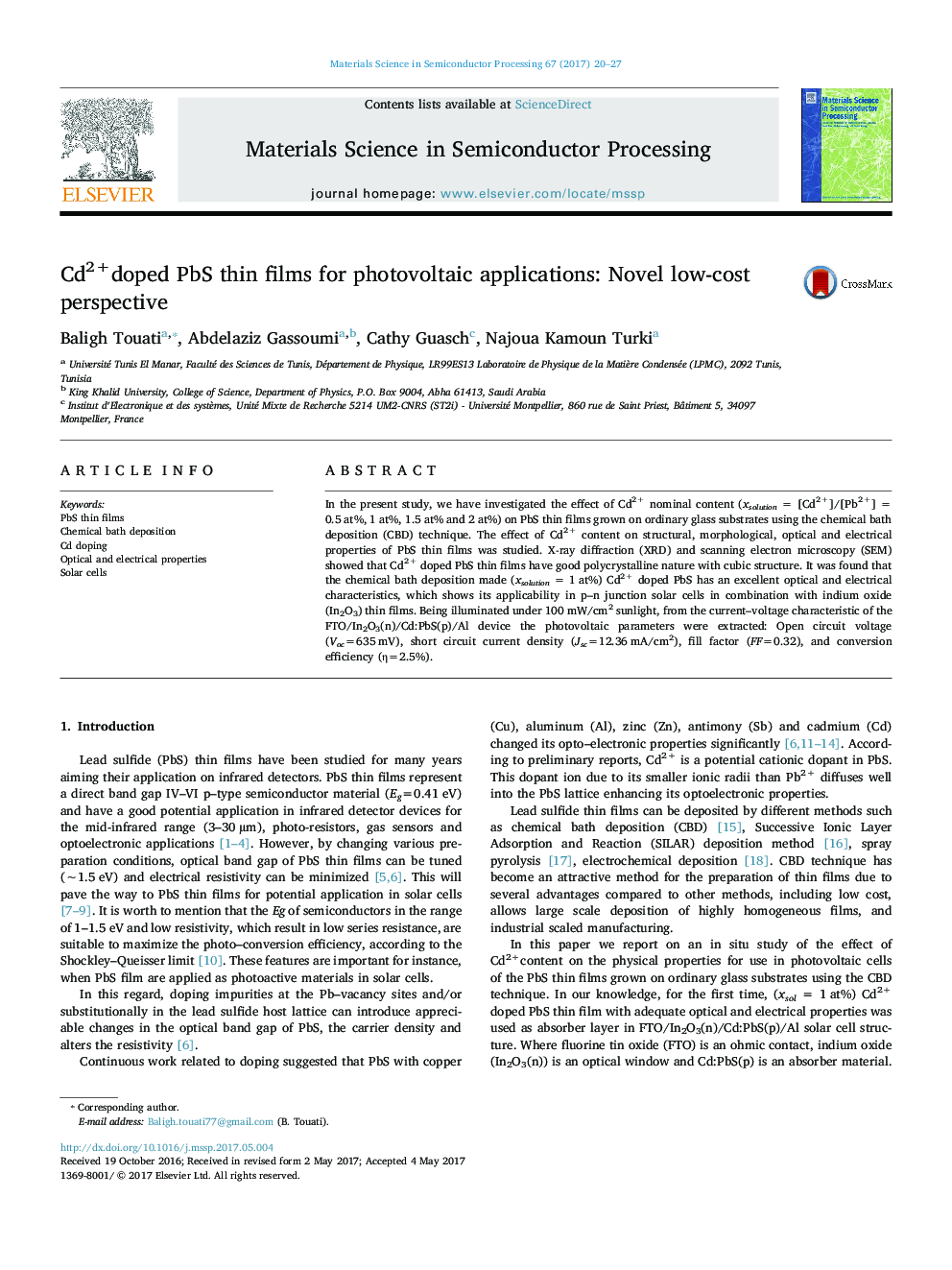 Cd2+doped PbS thin films for photovoltaic applications: Novel low-cost perspective