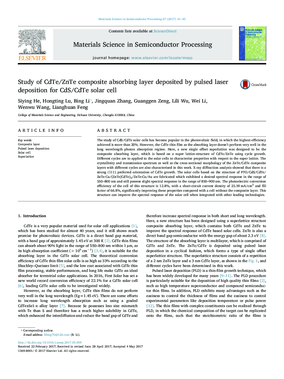 Study of CdTe/ZnTe composite absorbing layer deposited by pulsed laser deposition for CdS/CdTe solar cell