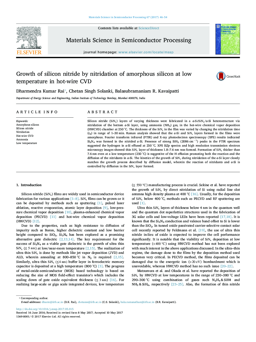 Growth of silicon nitride by nitridation of amorphous silicon at low temperature in hot-wire CVD