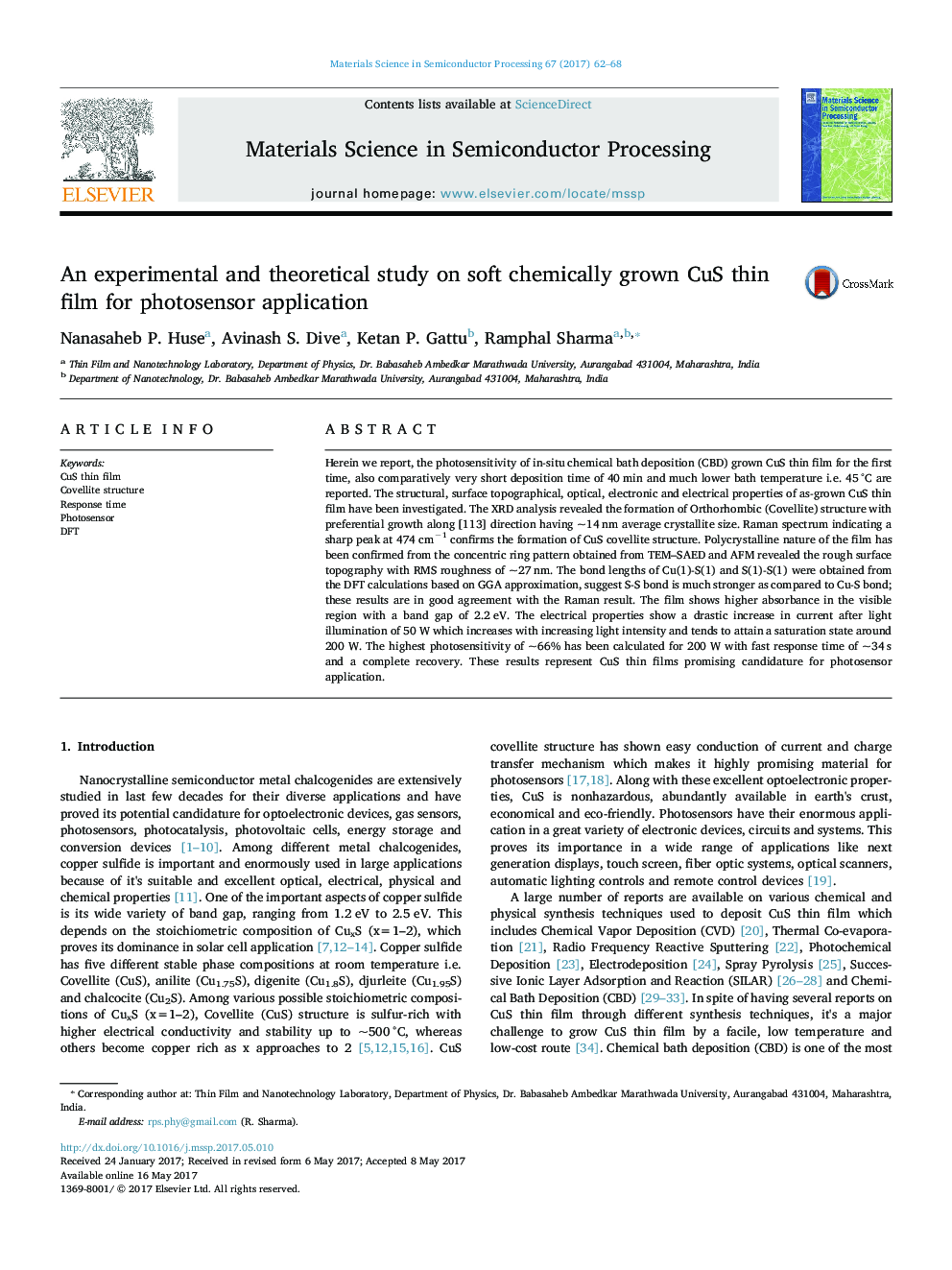 An experimental and theoretical study on soft chemically grown CuS thin film for photosensor application