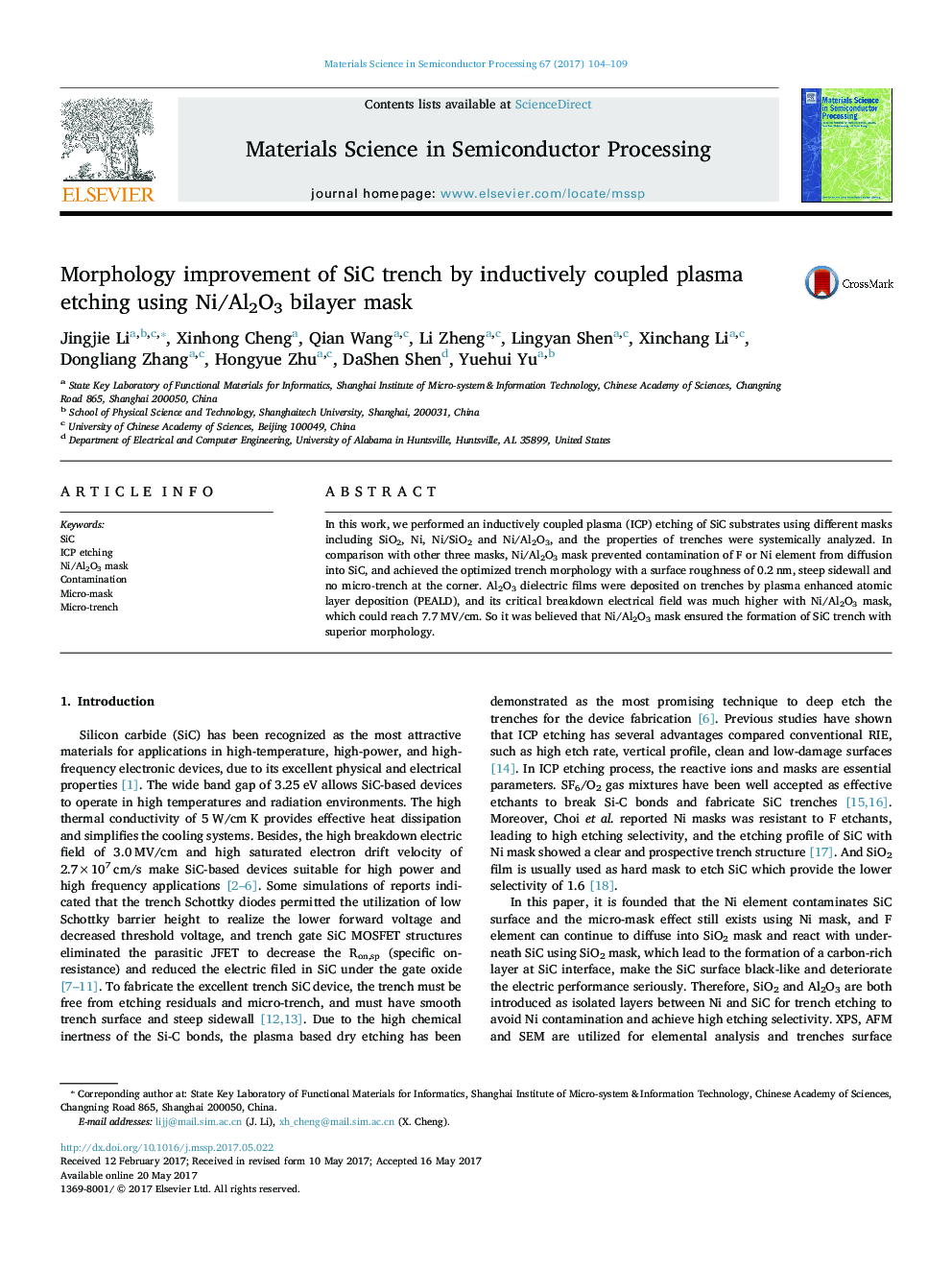 Morphology improvement of SiC trench by inductively coupled plasma etching using Ni/Al2O3 bilayer mask