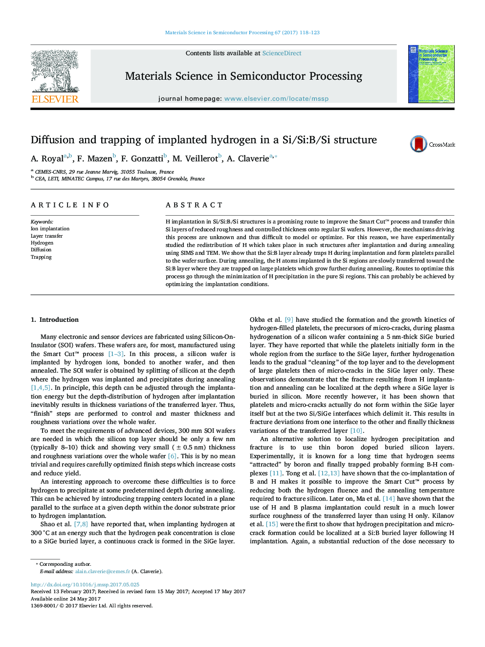 Diffusion and trapping of implanted hydrogen in a Si/Si:B/Si structure