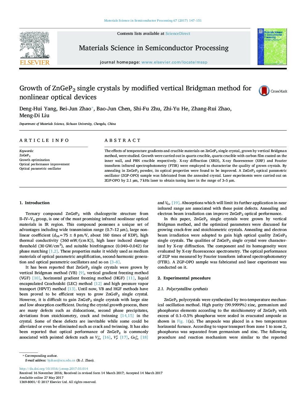 Growth of ZnGeP2 single crystals by modified vertical Bridgman method for nonlinear optical devices