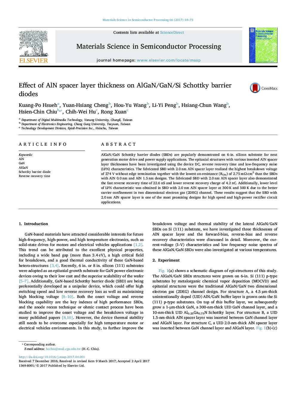 Effect of AlN spacer layer thickness on AlGaN/GaN/Si Schottky barrier diodes