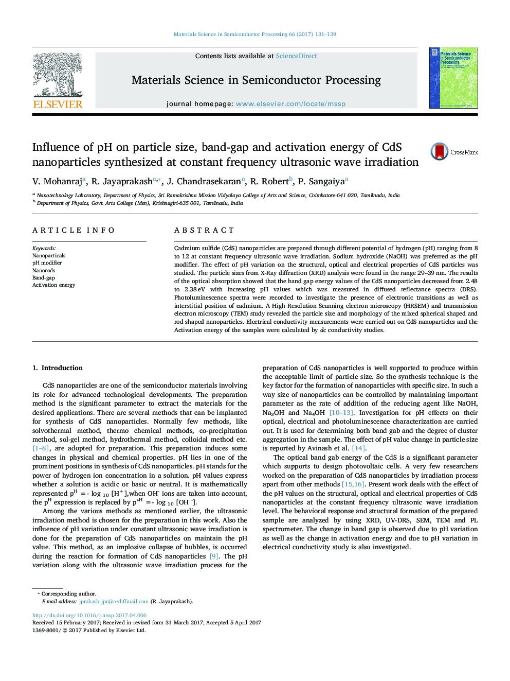 Influence of pH on particle size, band-gap and activation energy of CdS nanoparticles synthesized at constant frequency ultrasonic wave irradiation