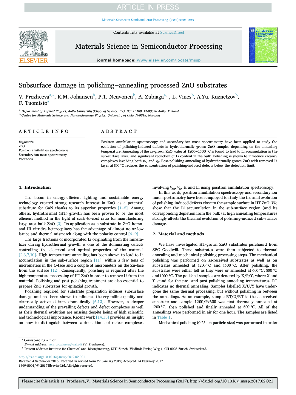 Subsurface damage in polishing-annealing processed ZnO substrates