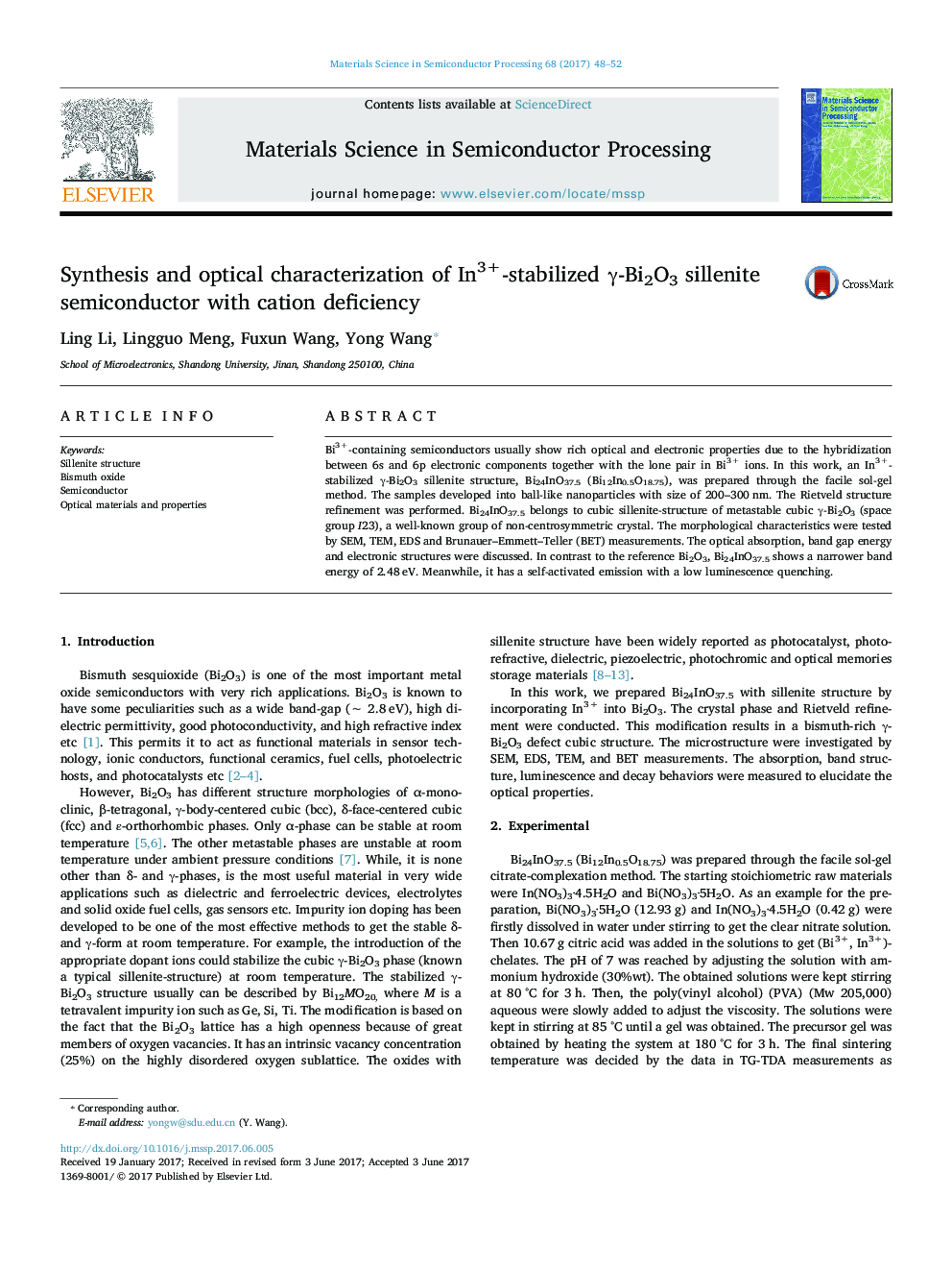 Synthesis and optical characterization of In3+-stabilized Î³-Bi2O3 sillenite semiconductor with cation deficiency