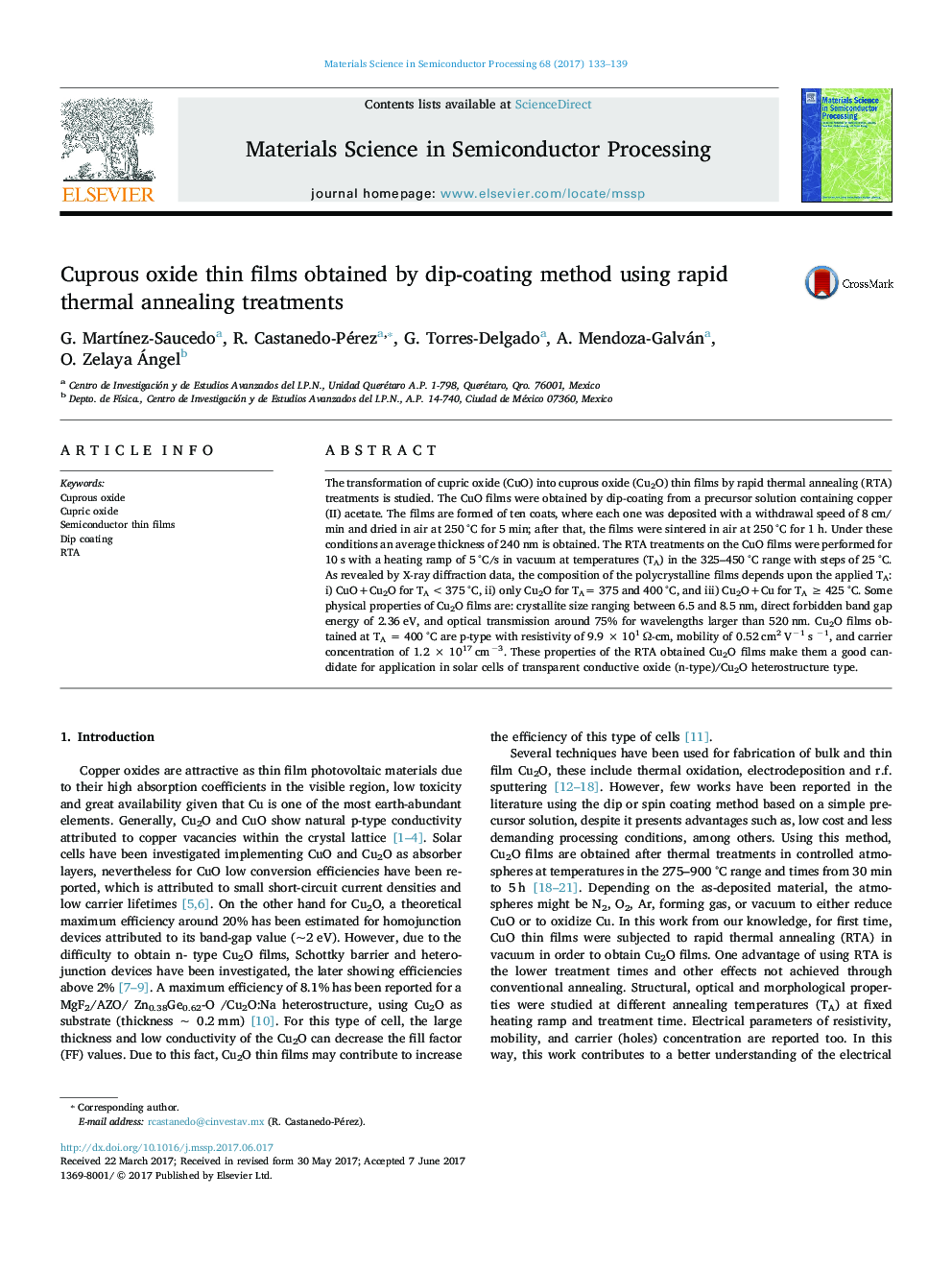 Cuprous oxide thin films obtained by dip-coating method using rapid thermal annealing treatments