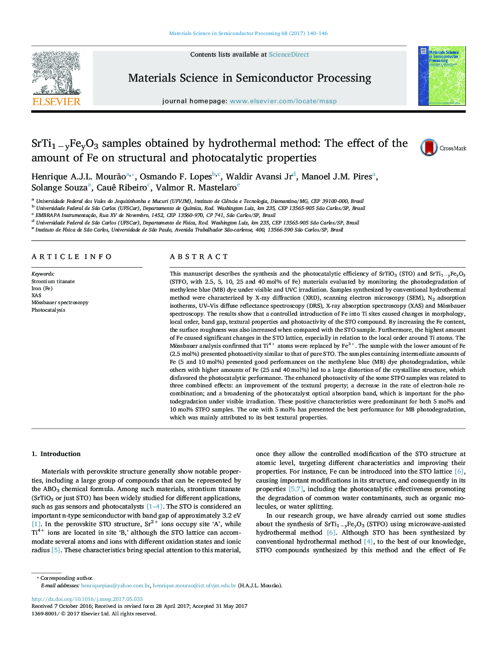 SrTi1âyFeyO3 samples obtained by hydrothermal method: The effect of the amount of Fe on structural and photocatalytic properties