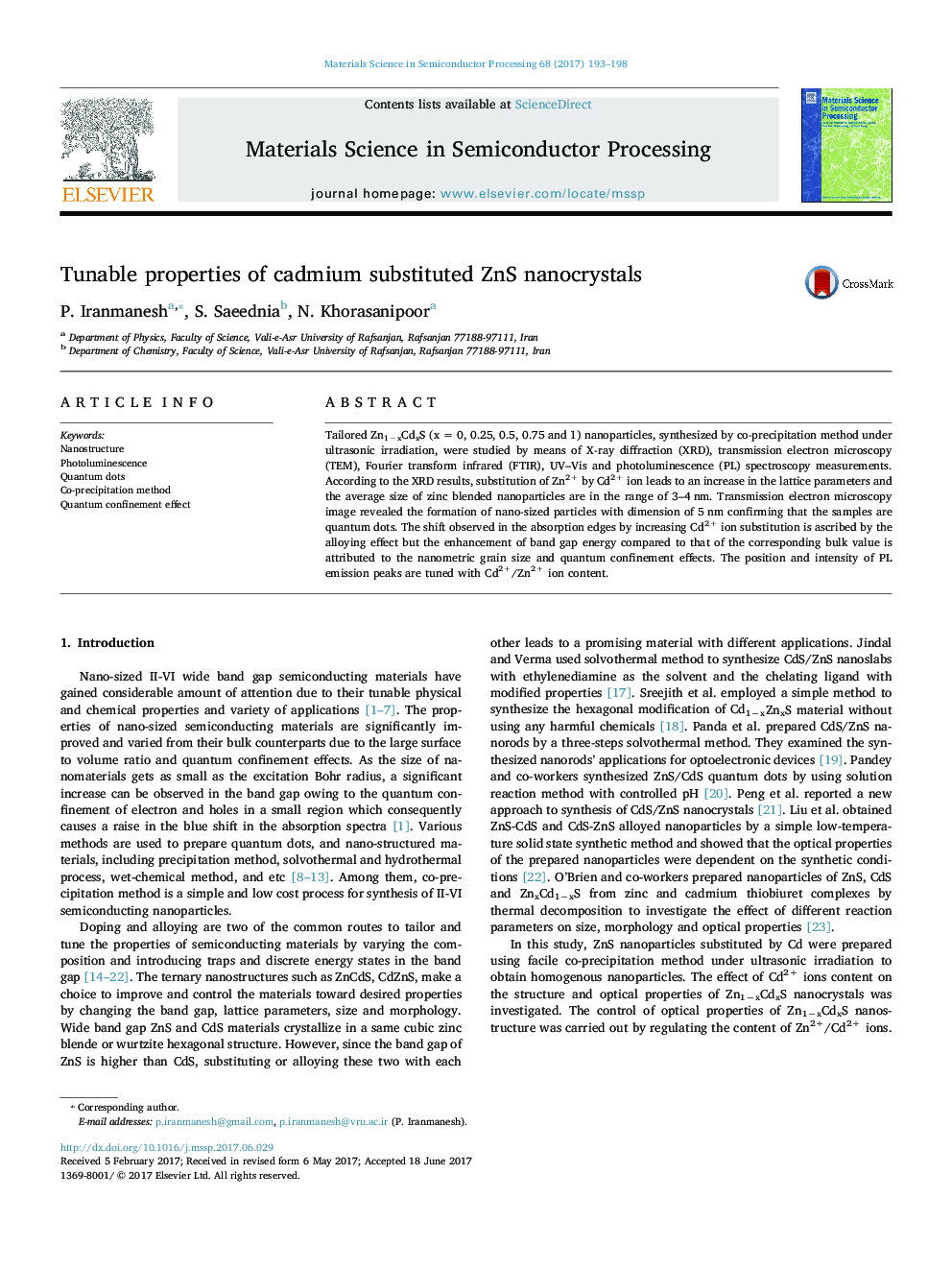 Tunable properties of cadmium substituted ZnS nanocrystals