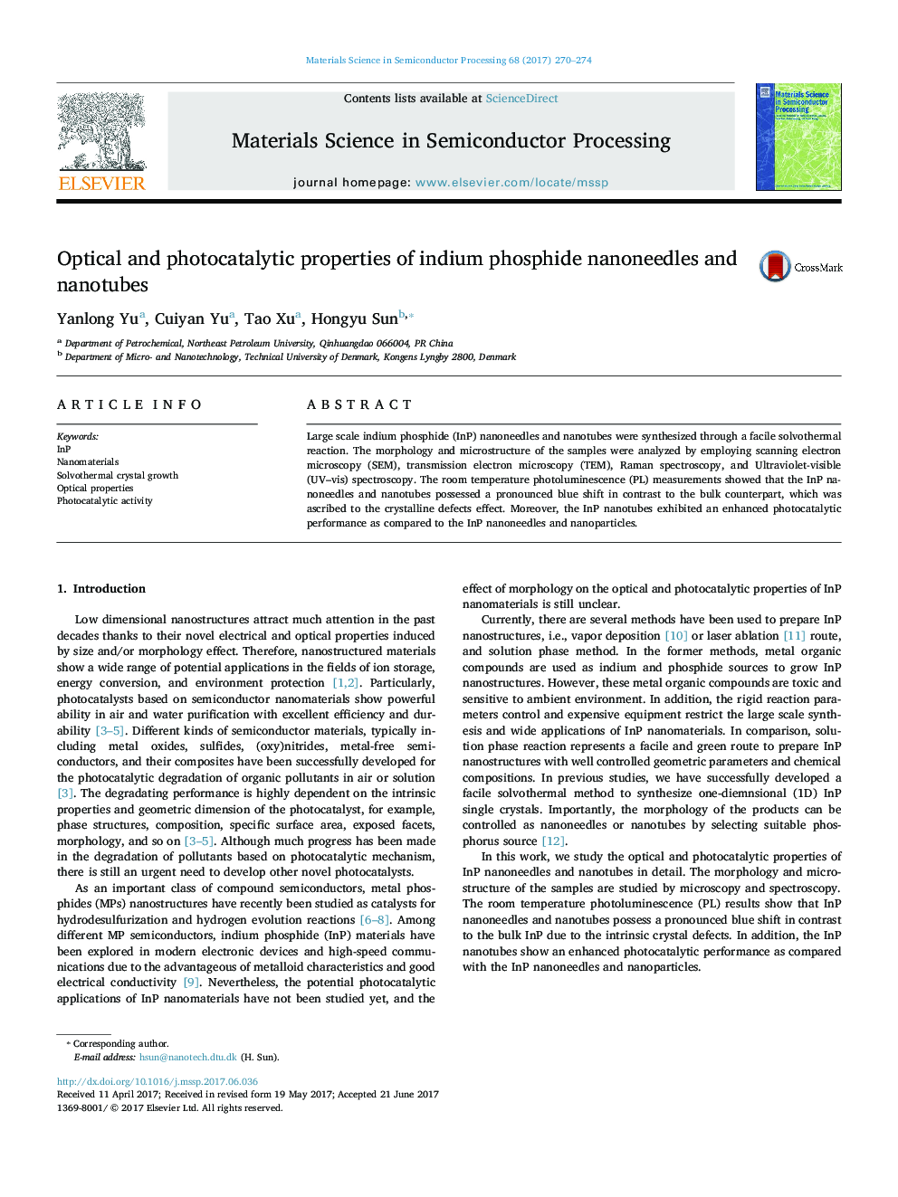 Optical and photocatalytic properties of indium phosphide nanoneedles and nanotubes