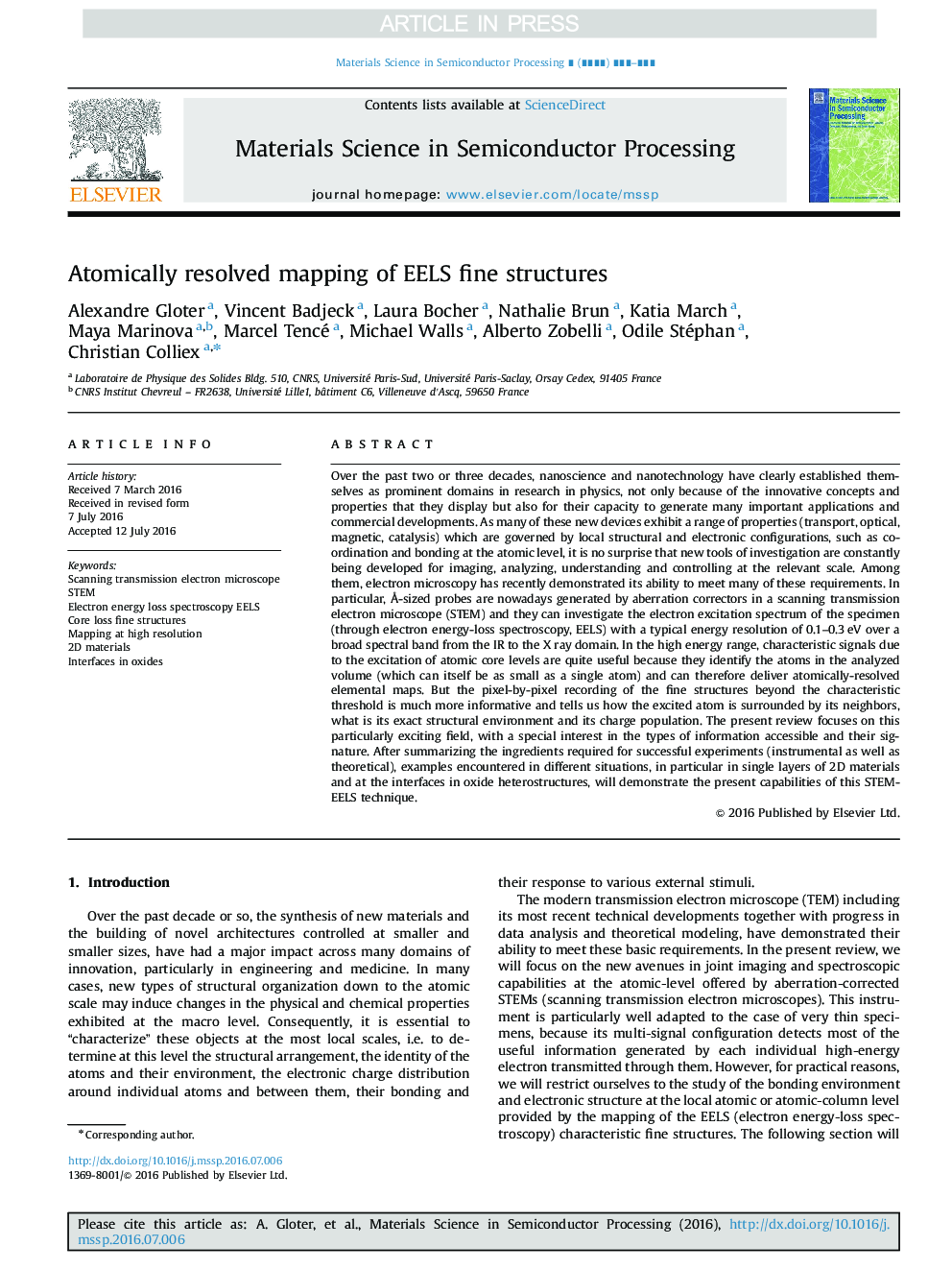 Atomically resolved mapping of EELS fine structures