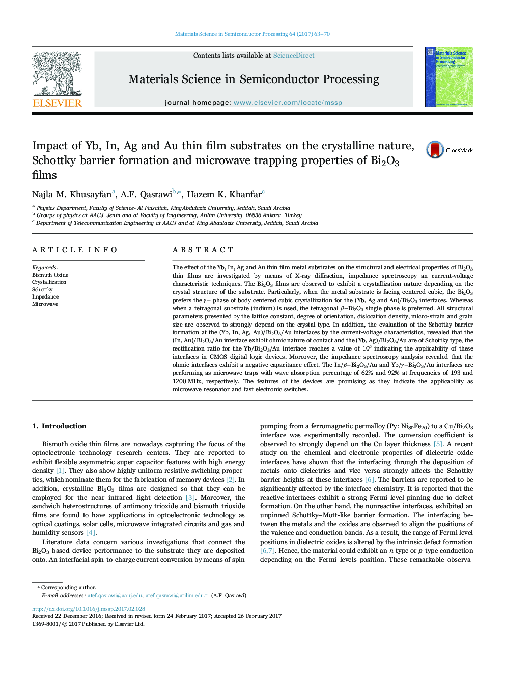 Impact of Yb, In, Ag and Au thin film substrates on the crystalline nature, Schottky barrier formation and microwave trapping properties of Bi2O3 films